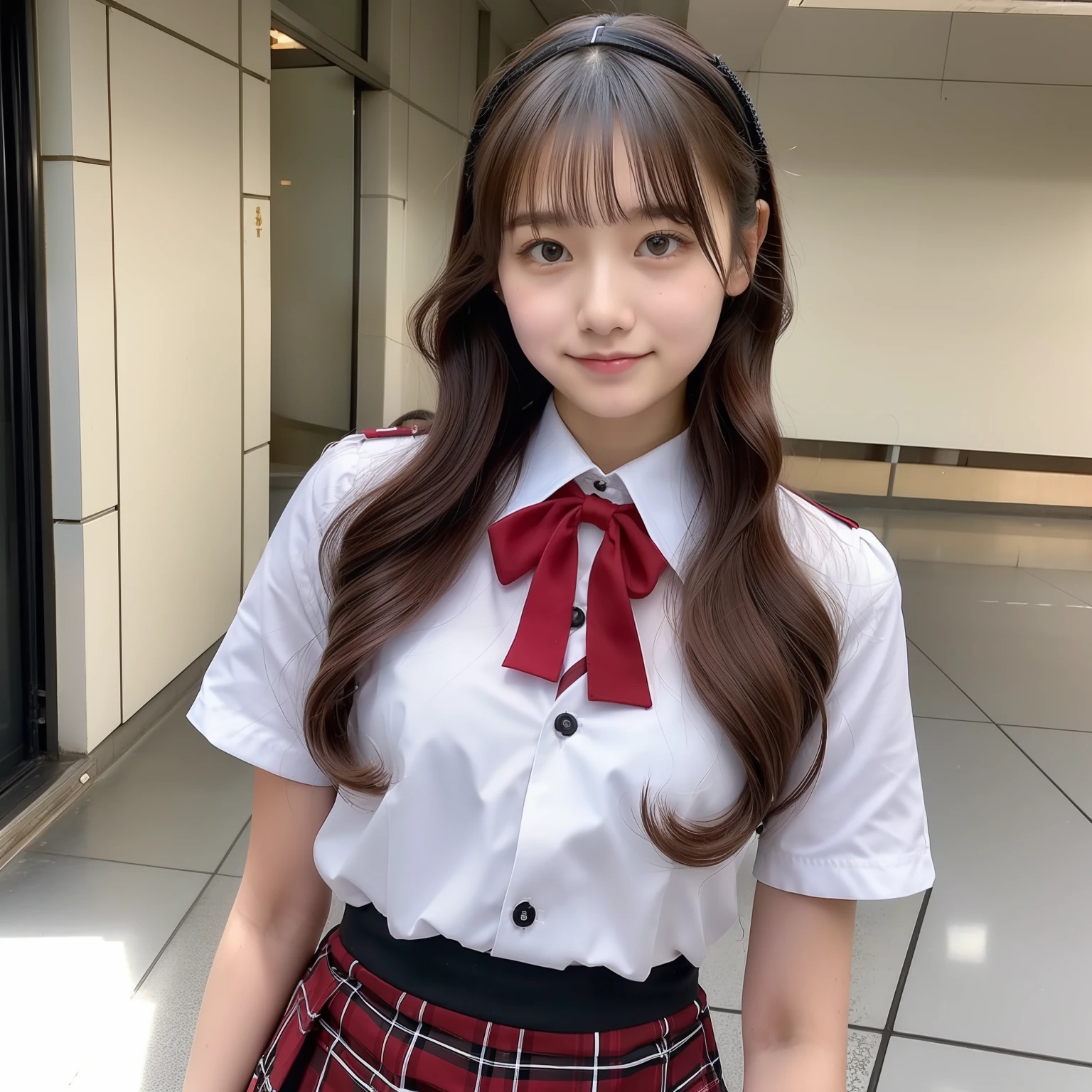 Crimson mini skirt、High school girl in uniform、Japan 18-year-old woman
