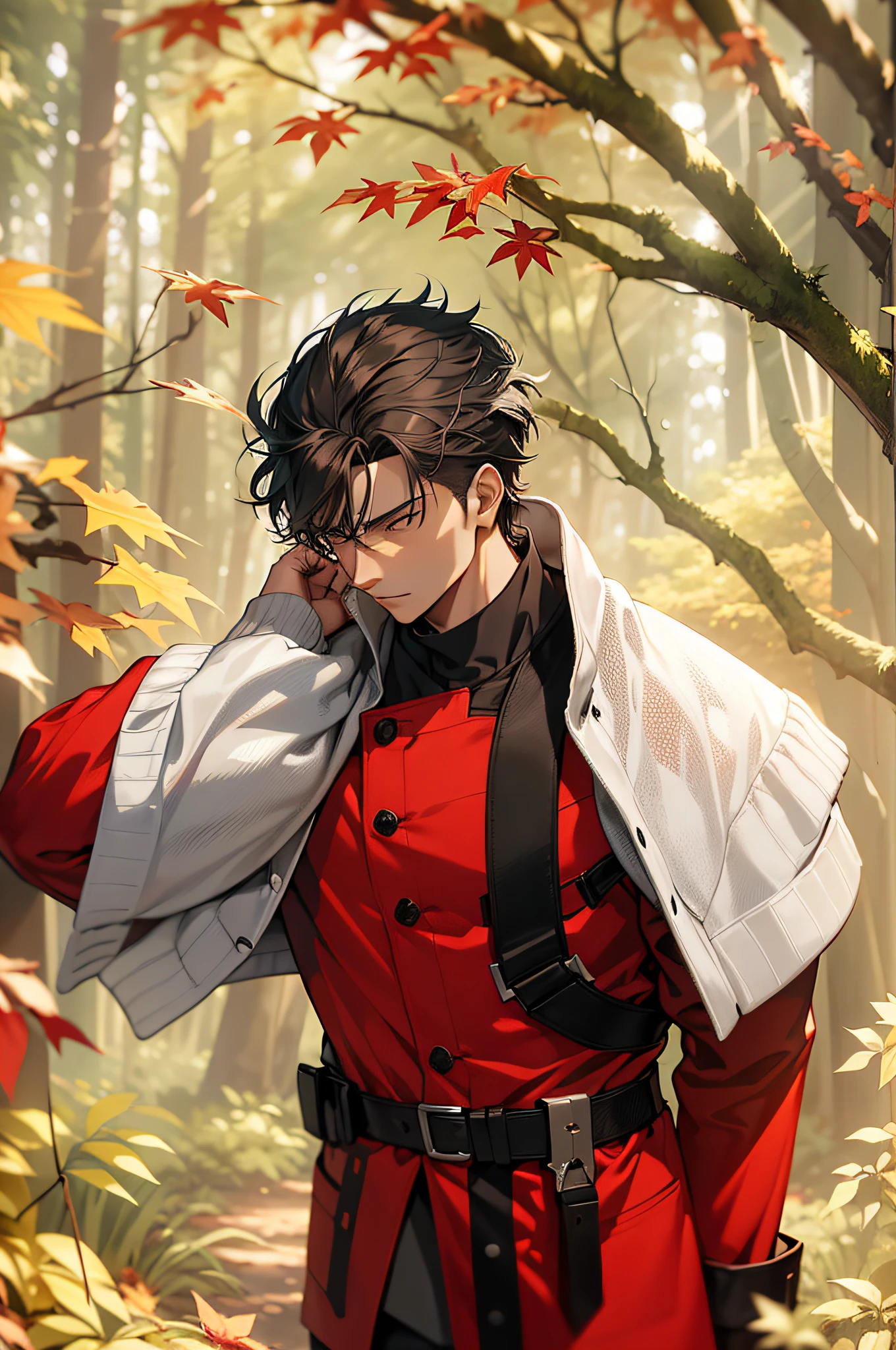 A young man stands in a dark forest, It is surrounded by tall trees and autumn leaves. The man's face was obscured by a blur, As if to protect his identity. He wears a red jacket,Gray hair reaches the shoulders. The forest is dimly lit, Create a contrast between red and black. The image evokes a sense of mystery and danger.