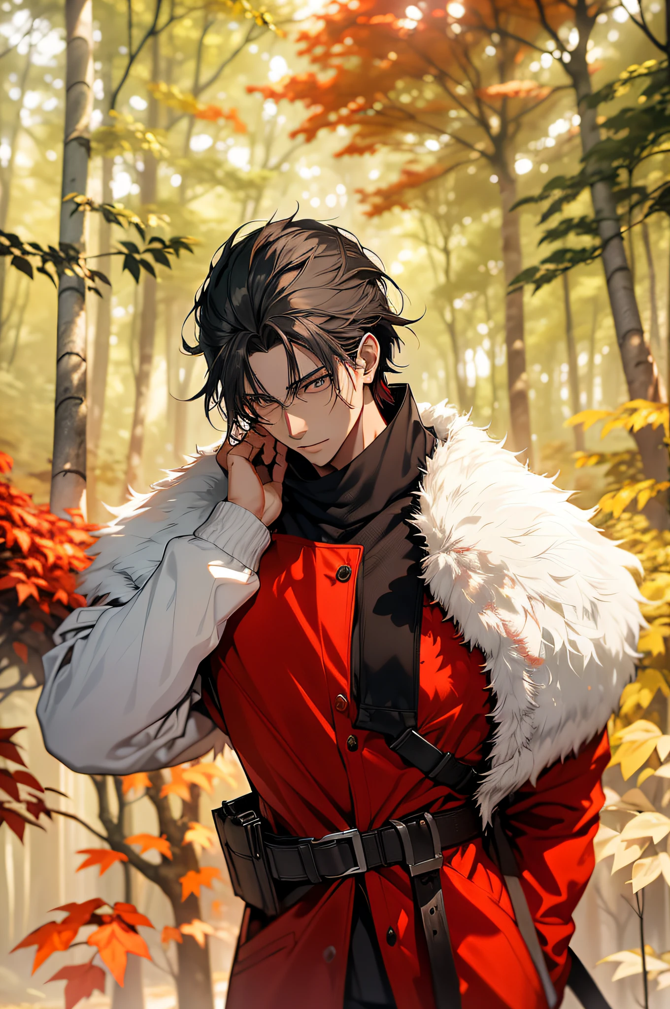 A young man stands in a dark forest, It is surrounded by tall trees and autumn leaves. The man's face was obscured by a blur, As if to protect his identity. He wears a red jacket,Gray hair reaches the shoulders. The forest is dimly lit, Create a contrast between red and black. The image evokes a sense of mystery and danger.