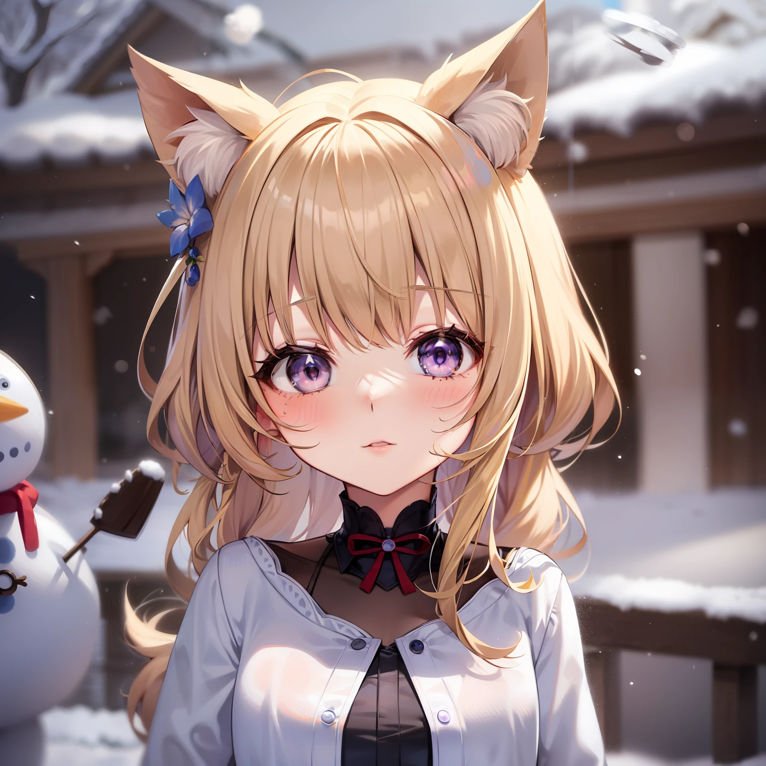 Chibi Cat、white backgrounid、Very cute、a blond、snowy background、showy、snowman、Less exposure、tiny girl、