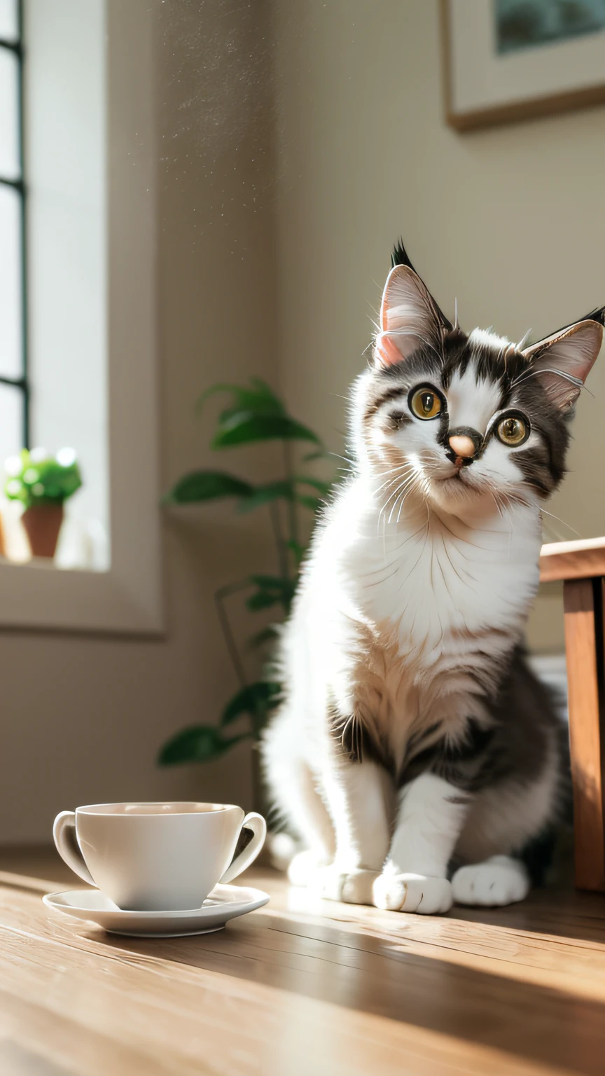 Cat, (Himalayan), (Small)))), in a teacup, Face, Front paws out, 8K, Professional photo, Delicate, Clear, On the table, Inside the house, Sunshine, Light Leak, Masterpiece, ((Pretty))), Fashionable Teacup, (Reality), Plush Toy, Round Pupils