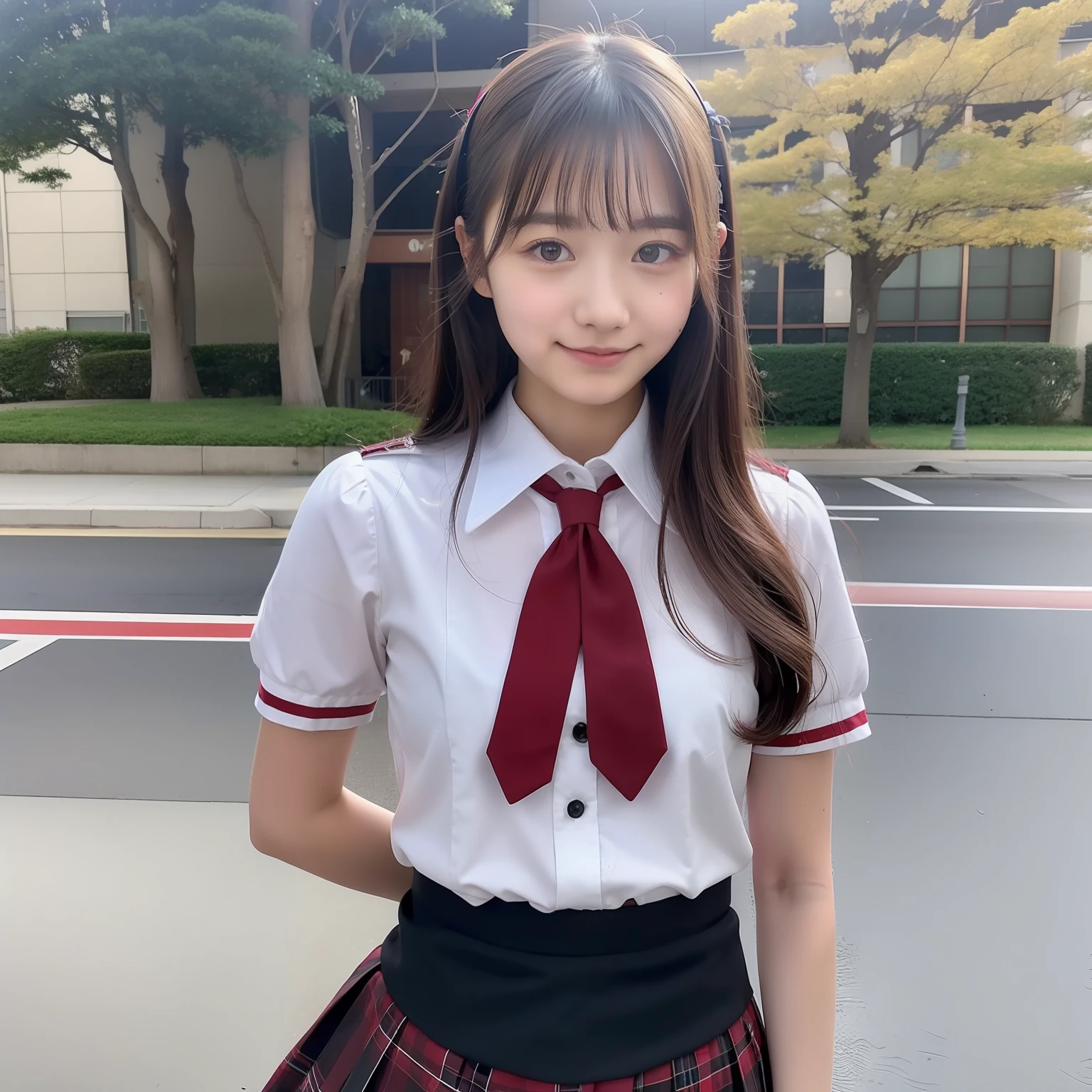 Crimson mini skirt、High school girl in uniform、Japan 18-year-old woman