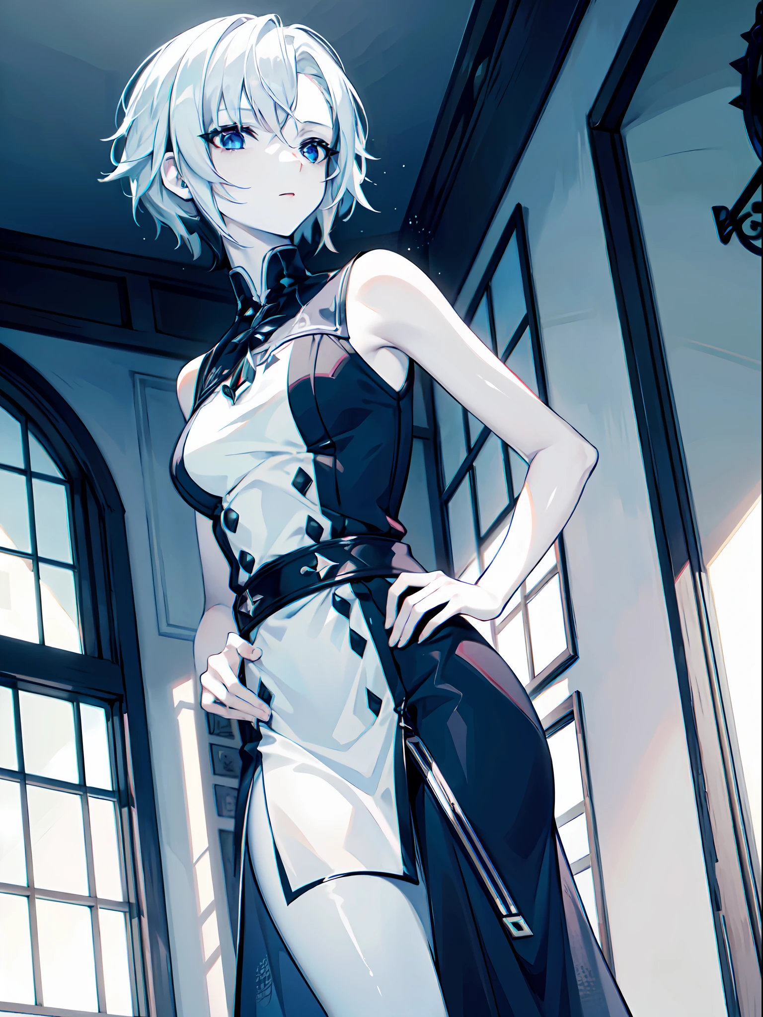 ((female)), (solo:1.2), ((masterpiece)), ((pale skin)), ((detailed eyes)), (bokeh effect), (dynamic angle), dynamic pose, white hair, black hair, gradient hair, short hair, interior