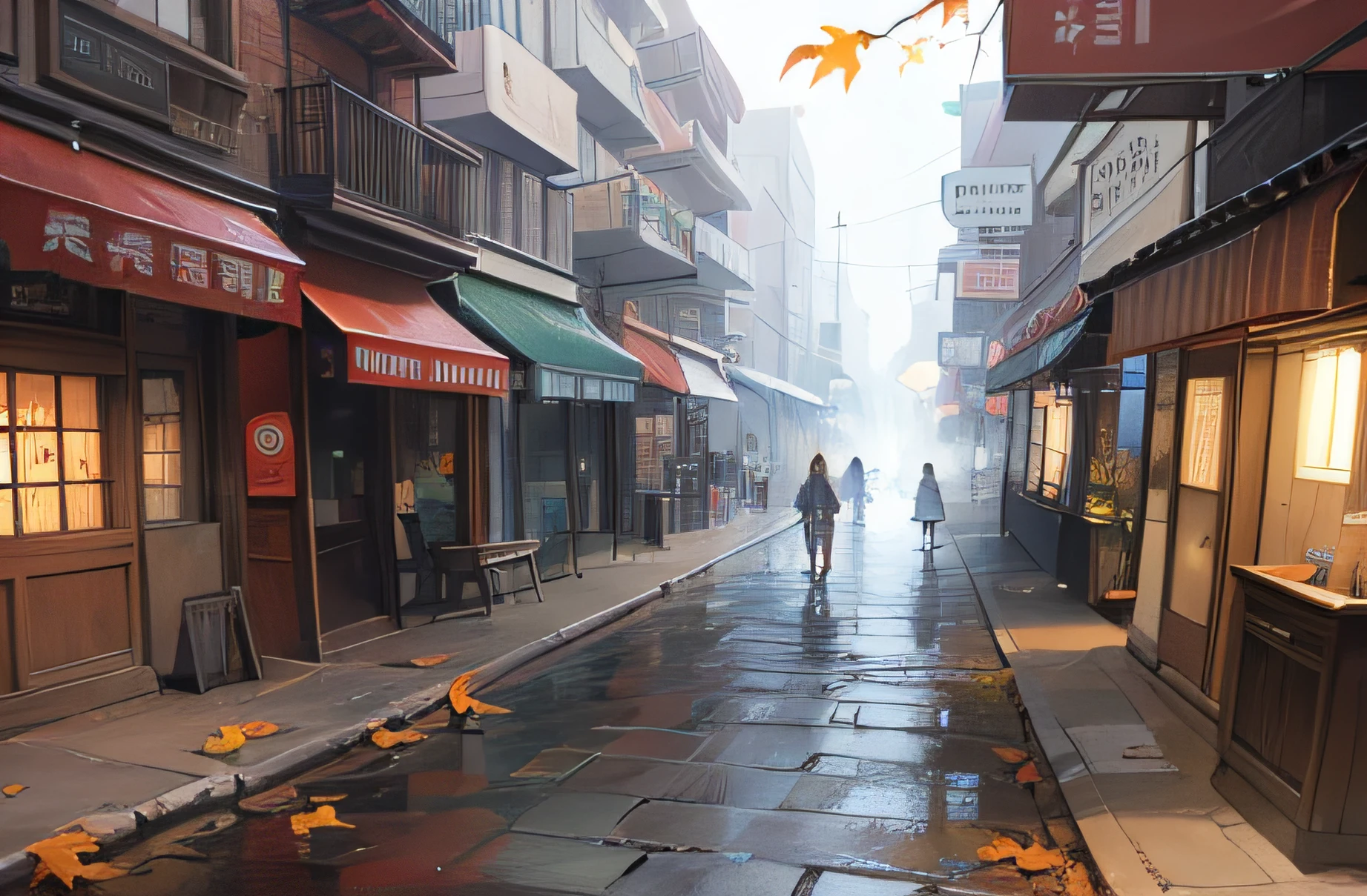 anime fantasy, falling leaves, glowing radioactively, volumetric fog, street level view, Jin Kim Style, --auto --s2