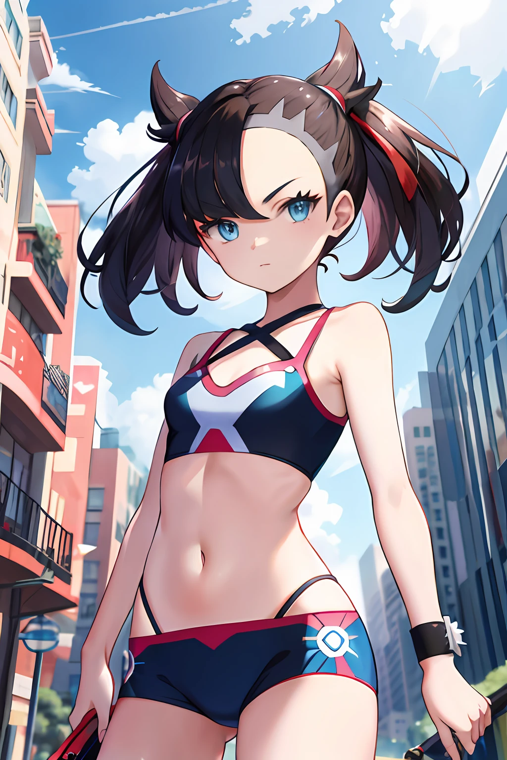 tmasterpiece, best qualtiy, hight resolution, hmmarnie, light blue eyes, Pokémon,sling bikini,Urban background