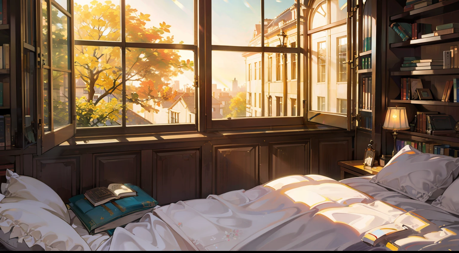inside in room,window,bookshelves,rays of sunshine,florals