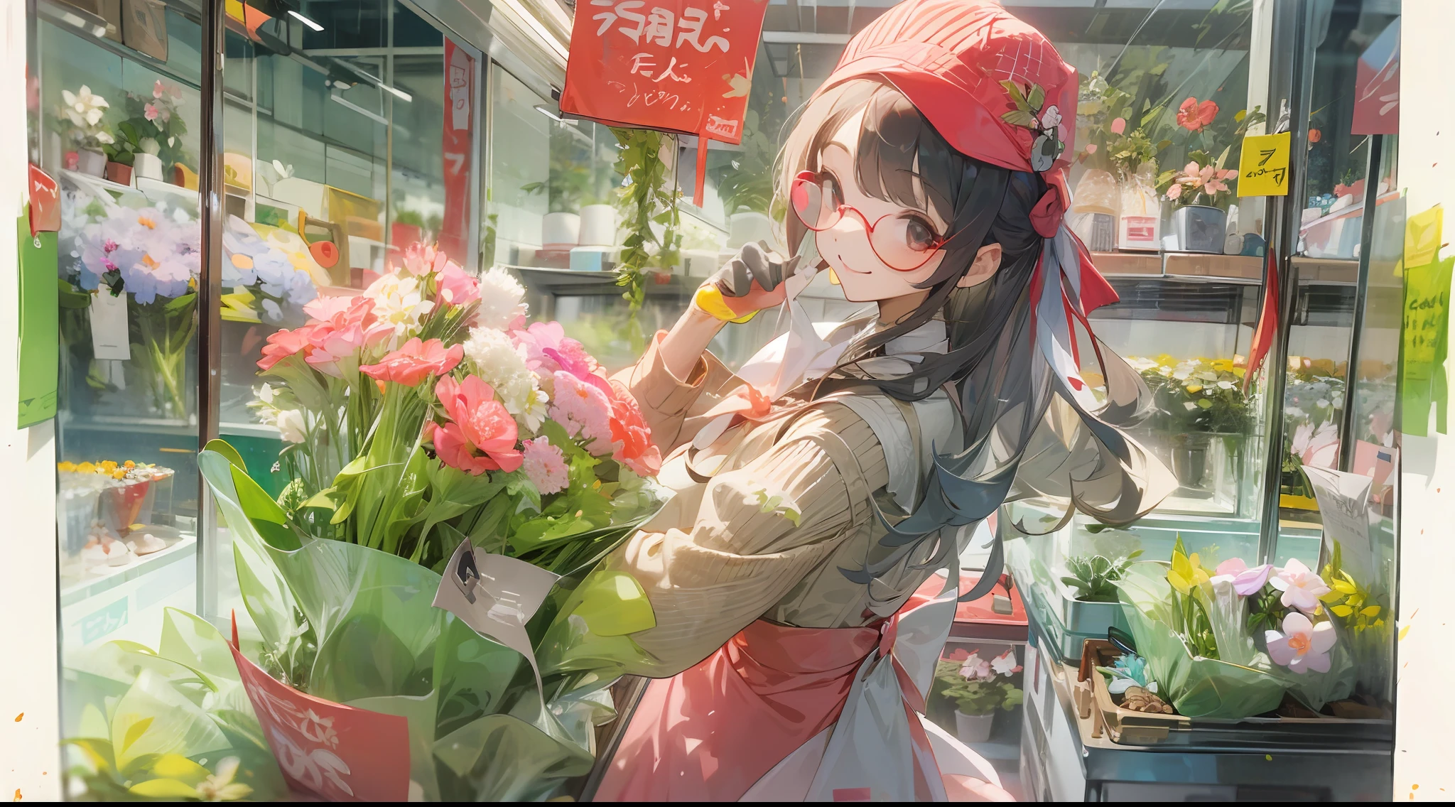Best Quality、超A high resolution、fullllbody、Girl working in a flower shop、Making a bouquet、 Red glasses、A smile