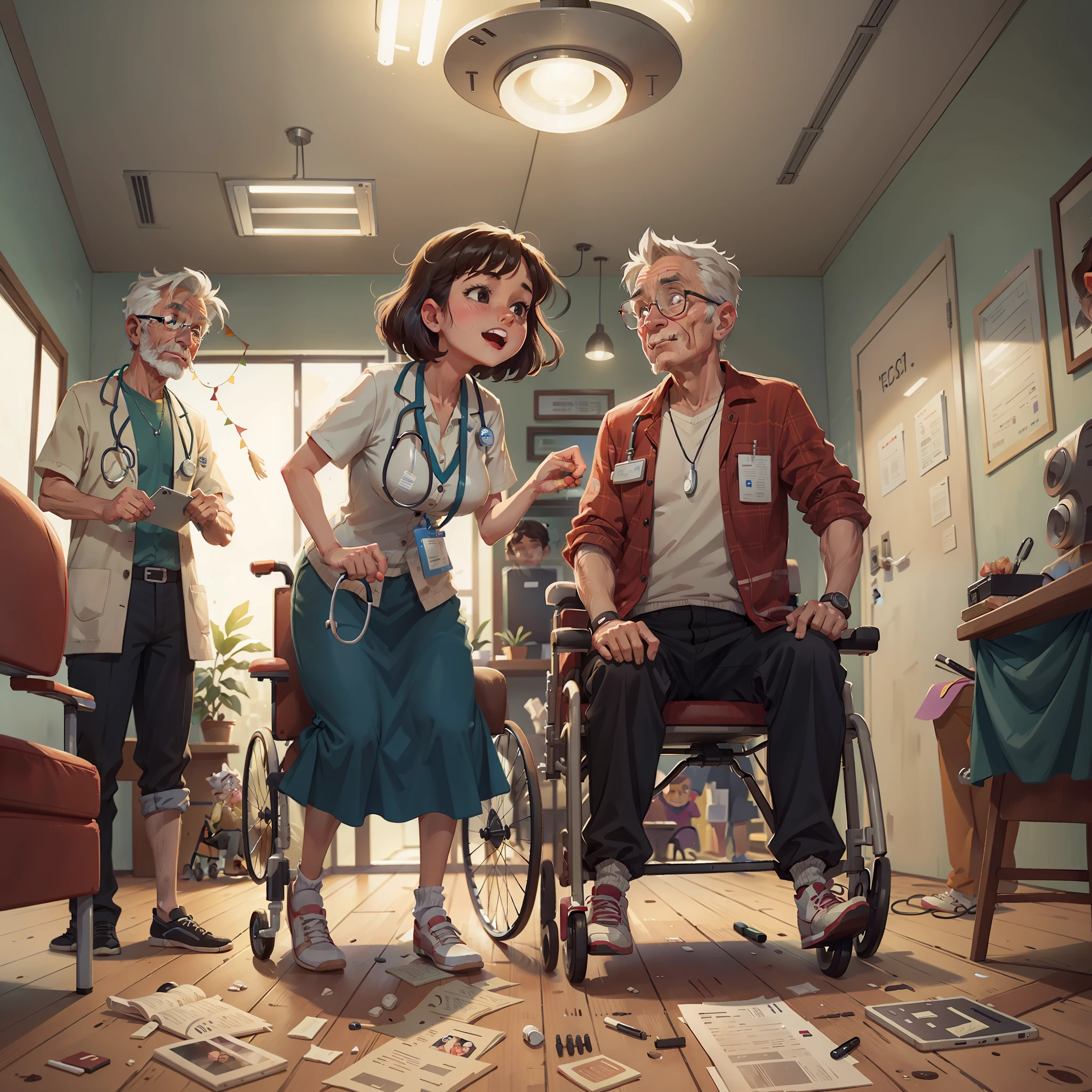 two guys，An 80-year-old grandmother，in wheelchair，See a doctor in the hospital，A young woman，Pushing a wheelchair