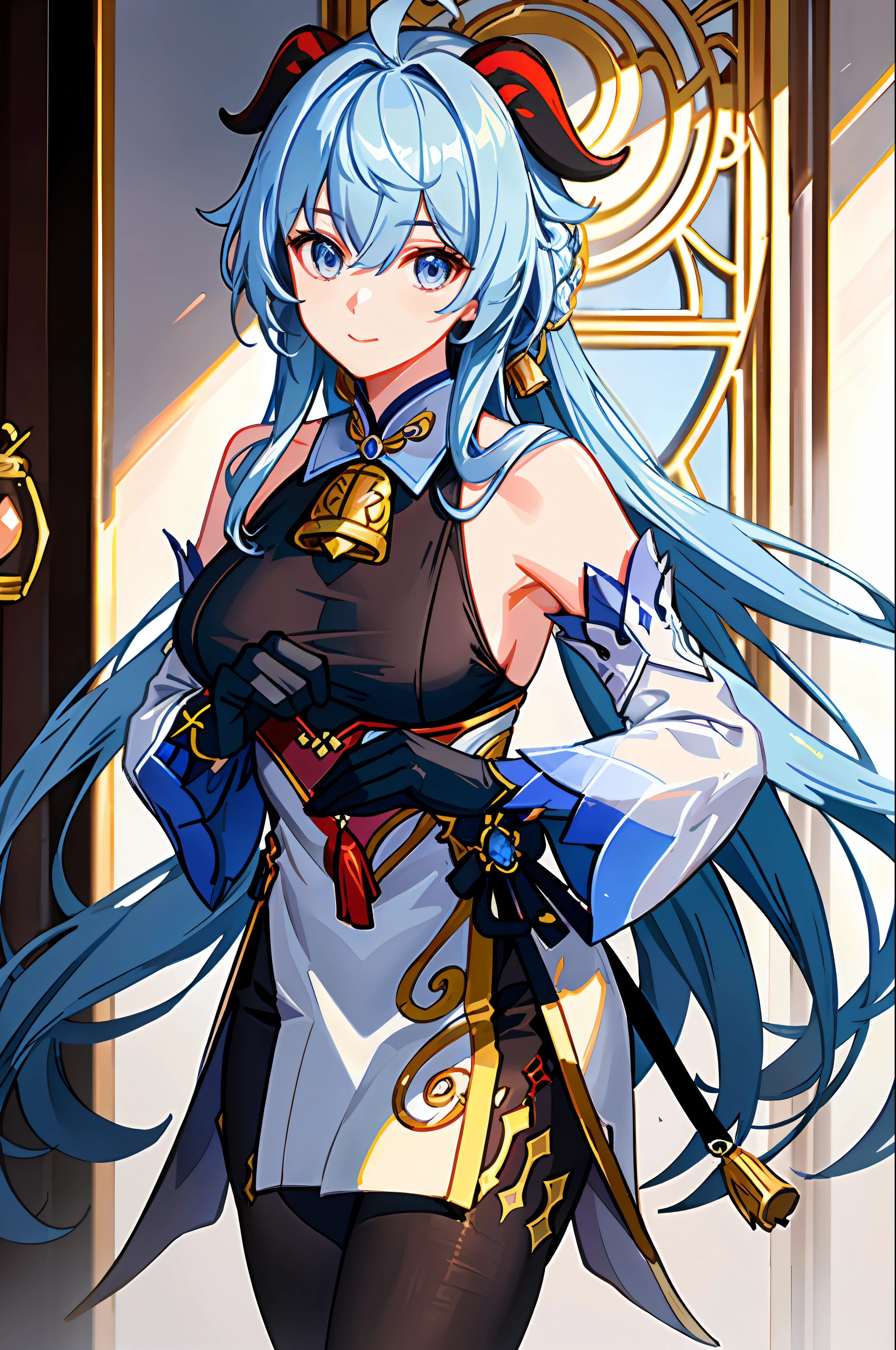(photorealistic:1.4), (masterpiece, sidelighting, finely detailed beautiful eyes: 1.2), masterpiece*portrait, realistic, 3d face, ganyu \(genshin impact\), 1girl, ahoge, architecture, By bangs,Bare shoulders,Bell,black glove,Black tights,(blue hair),Blushlush,Beautiful breasts,Chinese knot,the sleeve,flower knot,mitts,cow horn,long whitr hair,Look at the audience,Bigchest,Neckbells,Raised sexy