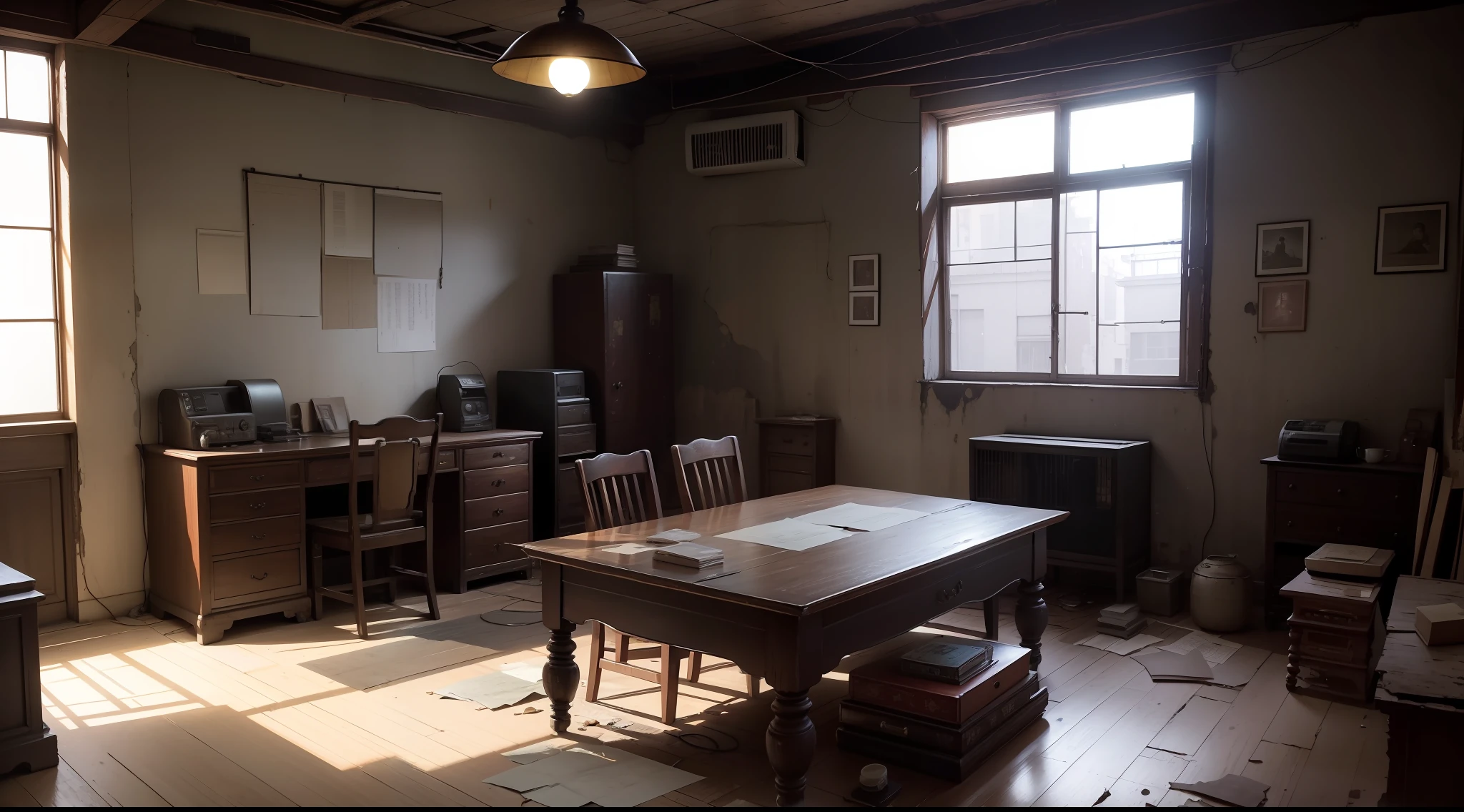 Office of the last century,old furnitures、China-style、decrepit、Vintage light bulbs、Electric latches on the wall、Faded walls,Crumpled walls,There are DVDs on the table,printer,Frayed floor,Scratched ground、Dust on the board floor,The vicissitudes of time,Dull atmosphere。