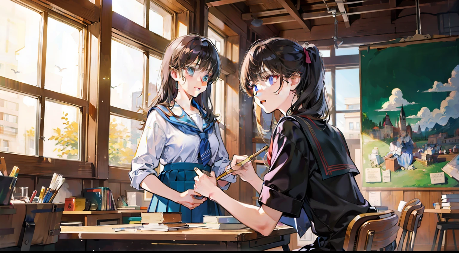 schoolgirls,art studio,painting of a