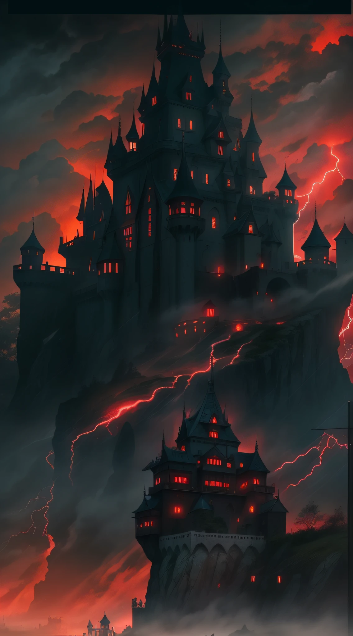 gloomy castle、Abandoned castle、a dark night、Many lightning bolts、Red light、Red-Black Light、war、Red War、Smoke、shadowy、dark clouds、Emerging from the thick fog、masterpiece、ultra-definition、Single focal length
