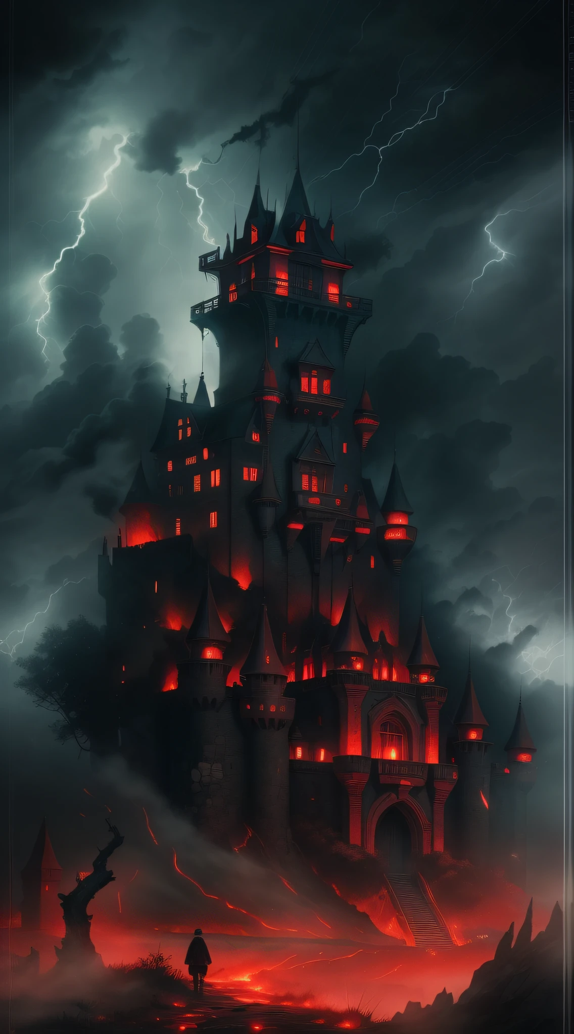 gloomy castle、Abandoned castle、a dark night、Many lightning bolts、Red light、Red-Black Light、war、Red War、Smoke、shadowy、dark clouds、Emerging from the thick fog、​masterpiece、ultra-definition、Single focal length