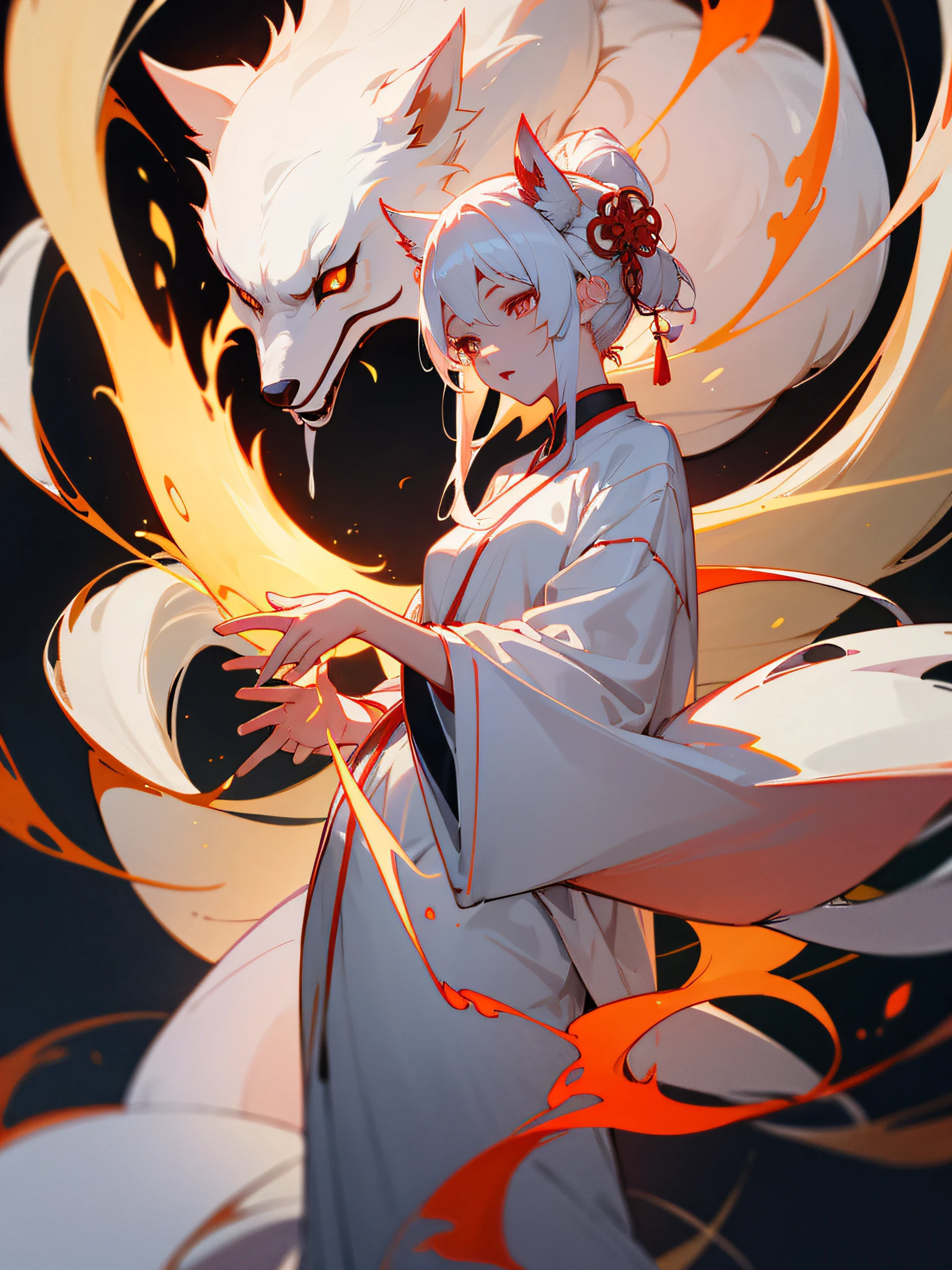 masterpiece, best quality, high quality, Nine-tailed Fox Spirit,white silk robe,white tails,scorching flames,with slightly parted red lips, and her eyes gleam with a mysterious light,lakeside,chinese Godess,