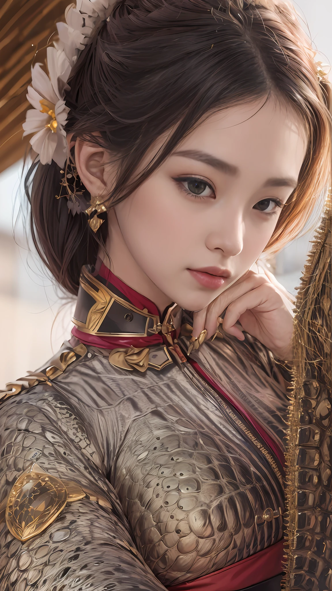 Wetland Park,(tmasterpiece,k hd,hyper HD,16k)brunette color hair,15 year old girl,Multi-layer gauze skirt,Hollow gold thread crown jade setting,Rouge lips,Cherry mouth,Focus on the neckline,Soft hair like slippery silk,Sparkling,Almost reluctant to look away,She wears a suspender cheongsam!Imagine that,She just wore a cheongsam to the bustling big castle,One can't help but want to take a closer look,Take a closer look, desi,Her belly pocket is quite stylish,The skirt flutters in the wind,It's like adding a touch of energy to the whole street,Crocodile skin train,A sneak peek angle,(From the angle below),Sit in the seat of the monitor lizard,sitting in front,Zoom camera,head portrait,Head down and sleepy-eyed,Look at the ground, best qualtiy, hyper HD, (realisticlying:1.4),, A high resolution, the detail, RAW photogr, Sharp Re, Nikon D850 Film Stock Photo by Jefferies Lee 4 Kodak Portra 400 Camera F1.6 shots, Rich colors, ultra-realistic vivid textures, Dramatic lighting, Unreal Engine Art Station Trend, cinestir 800,