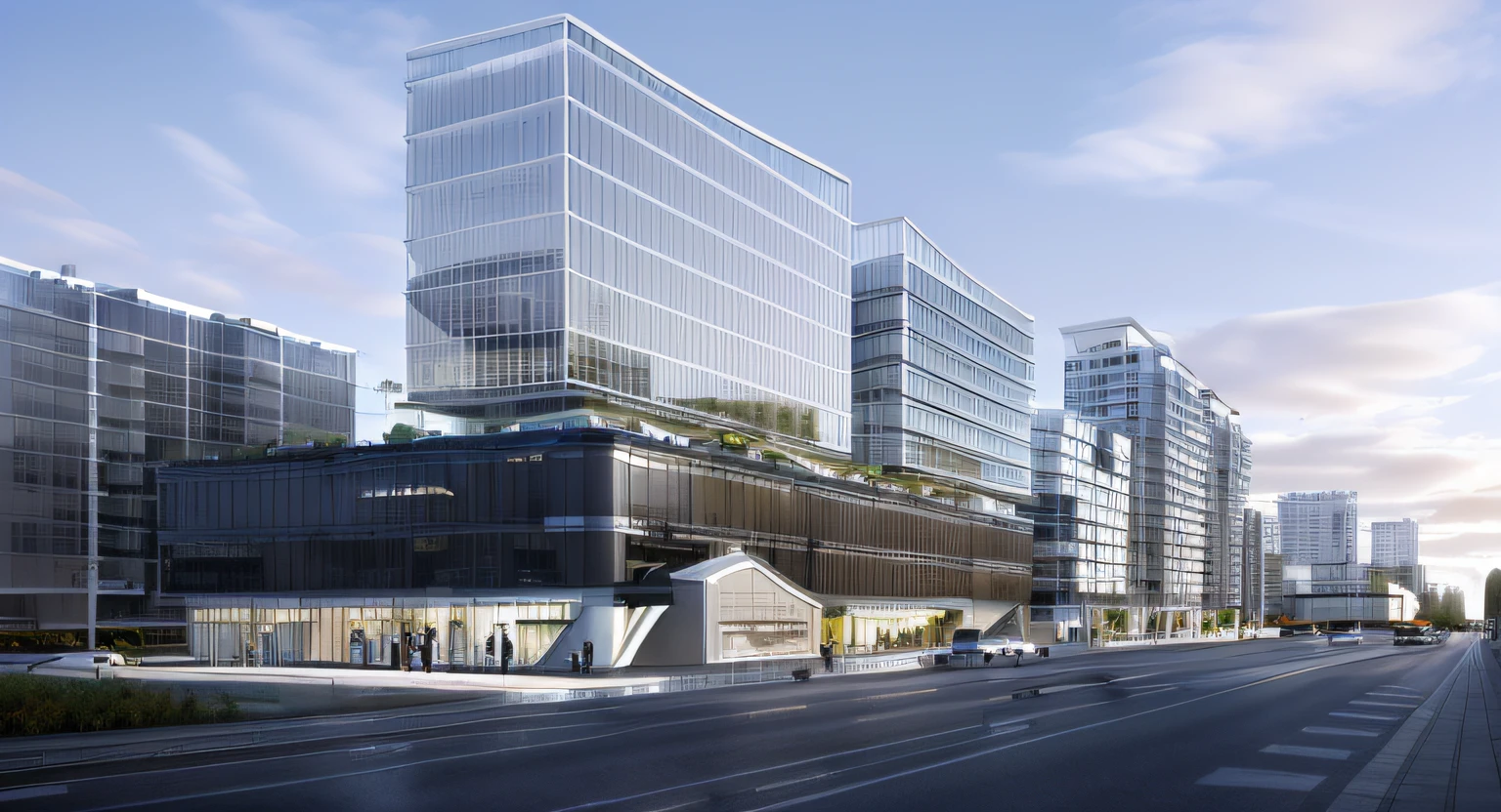 Buildings, apartament, Urban crowds,the city street,Heavy traffic,the trees,urban buildings,Commercial along the street,with blue sky and white clouds,Bottom recurve outer roof,,Superior apartment,Glass curtain wal,Public buildings