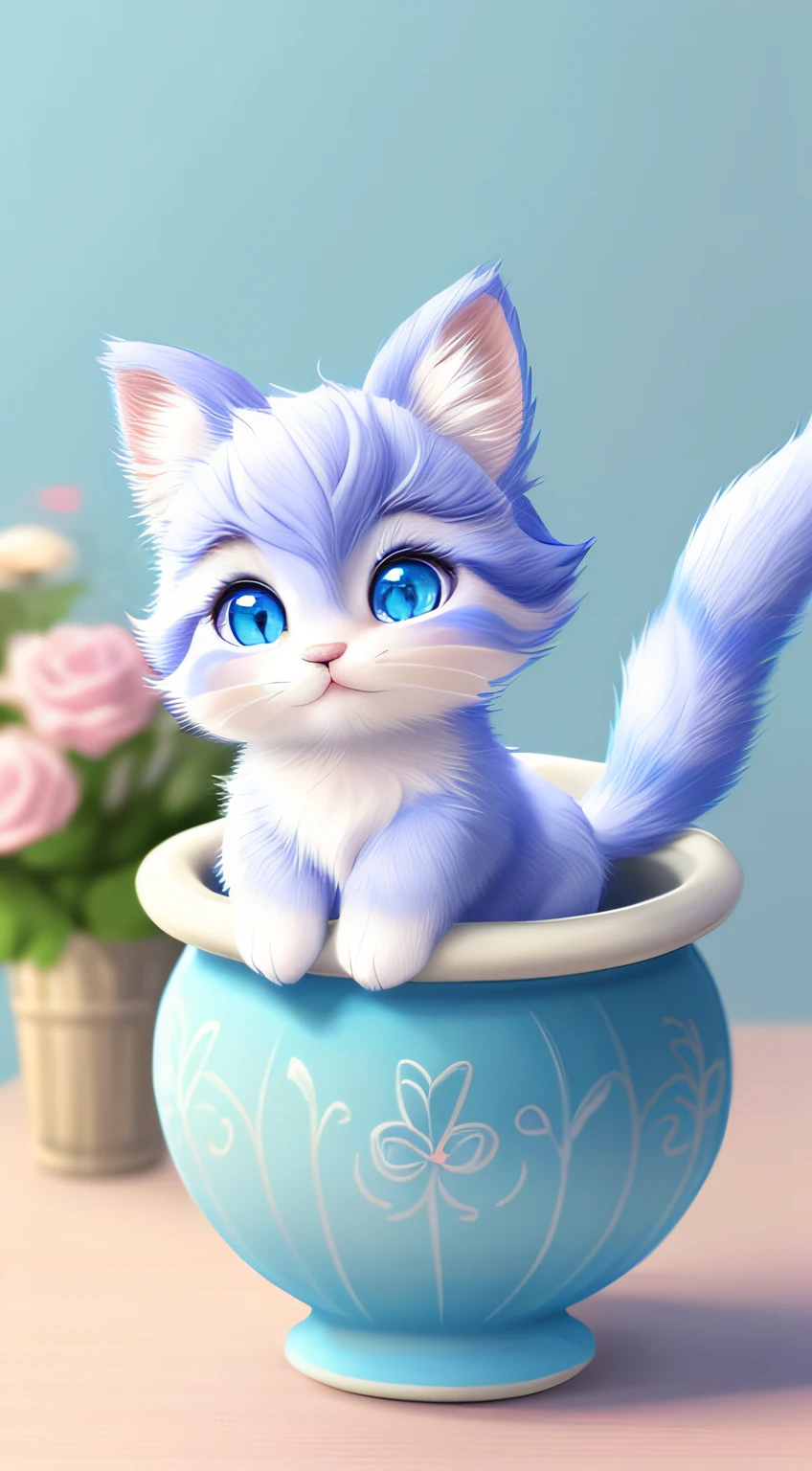 A kitten with a tiny tail, a small nose, small ears, blue eyes, blue background, flowers, vase, dream, caroline chariot-dayez pastels, tumblr, furry art, elokitty, Disney's Bambi cat, Disney's stylized furry, ears floating, fluffy tail, human cat, fluffy ''', fluffy !!!, high resolution, furry art!!!