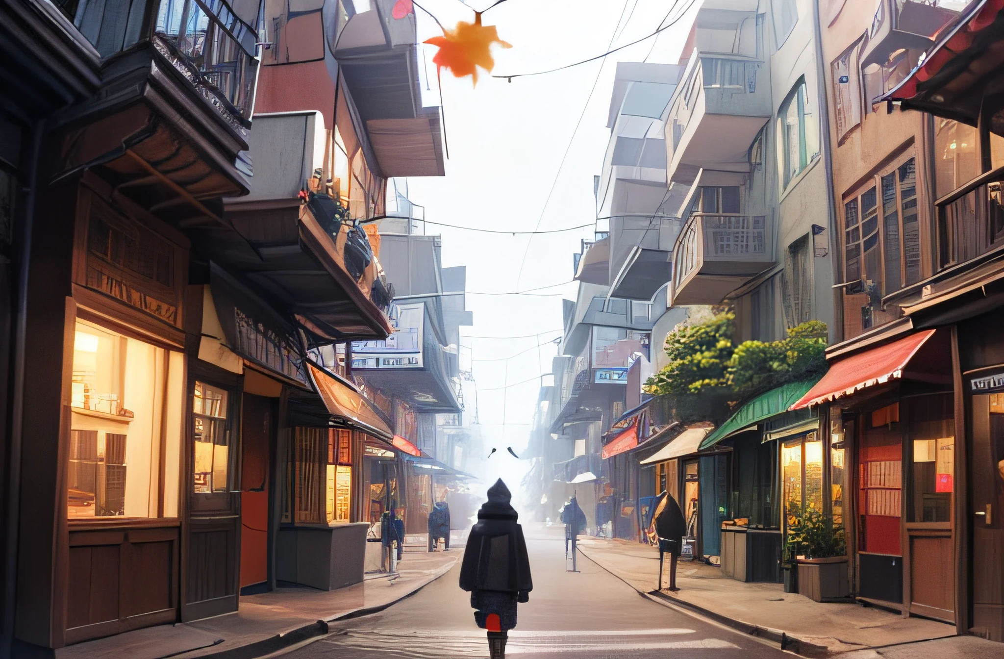 anime fantasy, falling leaves, glowing radioactively, volumetric fog, street level view, Jin Kim Style, --auto --s2