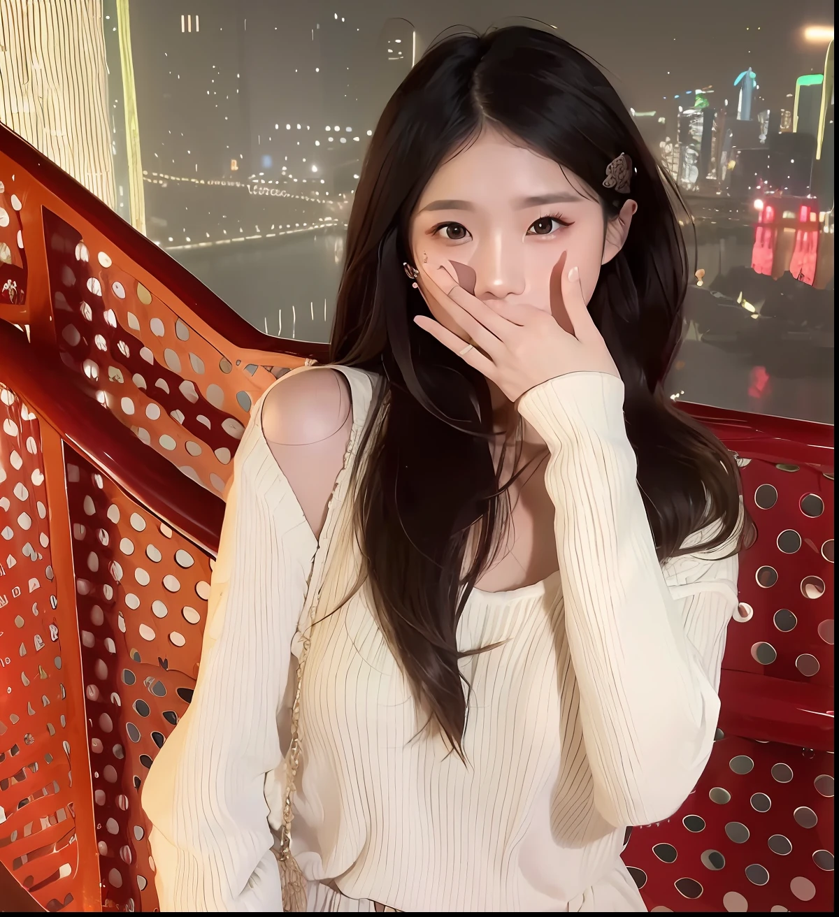 1girl walking on the river, mix4, sweater, pillow, lips, open_mouth, realistic, photo_\(medium\), solo, stuffed_animal, stuffed_toy, teddy_bear, (masterpiece), (realism: 1.3), super detailed, (High detail skin: 1.2), (Best quality: 1.0), (Ultra resolution: 1.0), (ULZZANG-6500: 0.3), wavy detail hair, long hair, sunshine, (beautiful detail makeup), (sexually aroused blush, heavy breath: 1.0), floral theme petals scattered, (soft light bloom: 0.5)