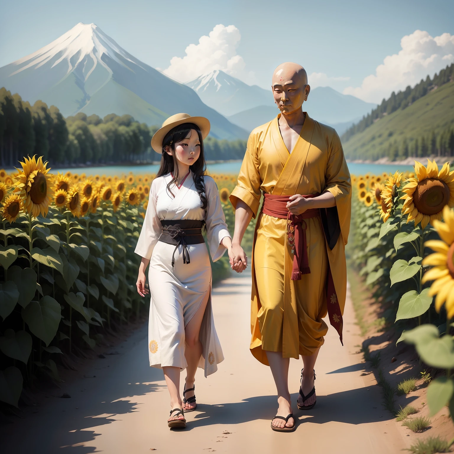 One day，Buddha leads his daughter，The two held hands，Came to the lake，They saw two sunflowers unlike any other。Japanese cartoons，Van Gogh，Line drawings