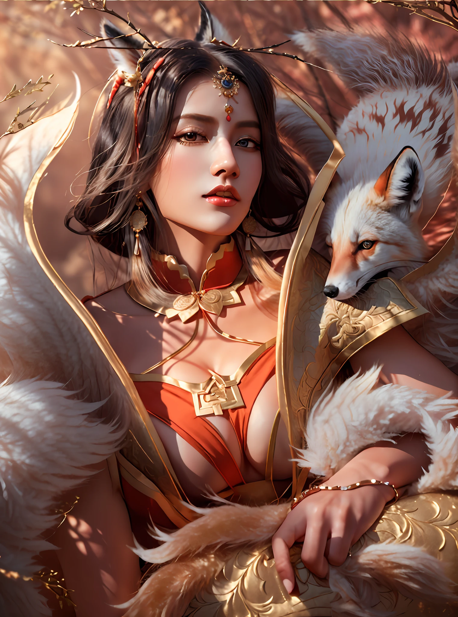 (( Best Quality, 4K, Masterpiece: 1.3)), (Detailed: 1.4) a woman with chinese outfit and a fox on her arm, portrait of ahri, high detail, mohrbacher, lunar festival, Big Breast, Huge Breast, 4K, HD, Ultra Realistic, extremely detailed, Reality