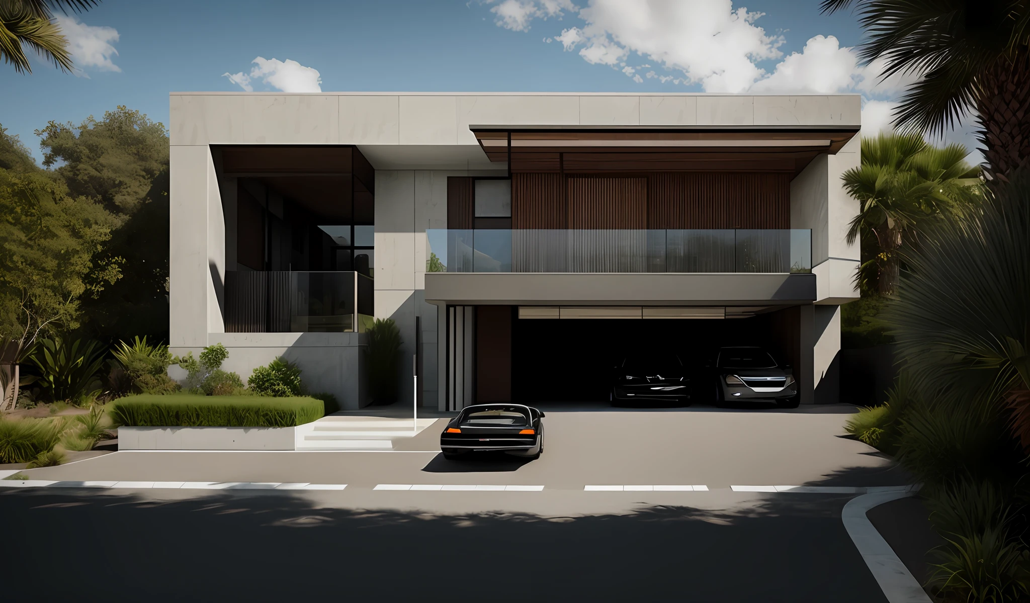 masterpiece, (photorealistic:1.2), best quality, ultra high res,exterior, modern villa , daylight, render Vray, (high quality), real,(realistic), super detailed, (full detail),(4k),8k, no humans, street house, outdoors, daylighting , sky, palm tree, hdr, arcdayly, Japanese velvet grass , natural stone wall, wood paneled ceiling, there is ram ramp up to the garage, asphalt road, sky ,window, reflective glass, car, dvArchModern, 85mm, f1.8, portrait, photo realistic, hyperrealistic, orante, super detailed, intricate, dramatic, shadows, high dynamic range