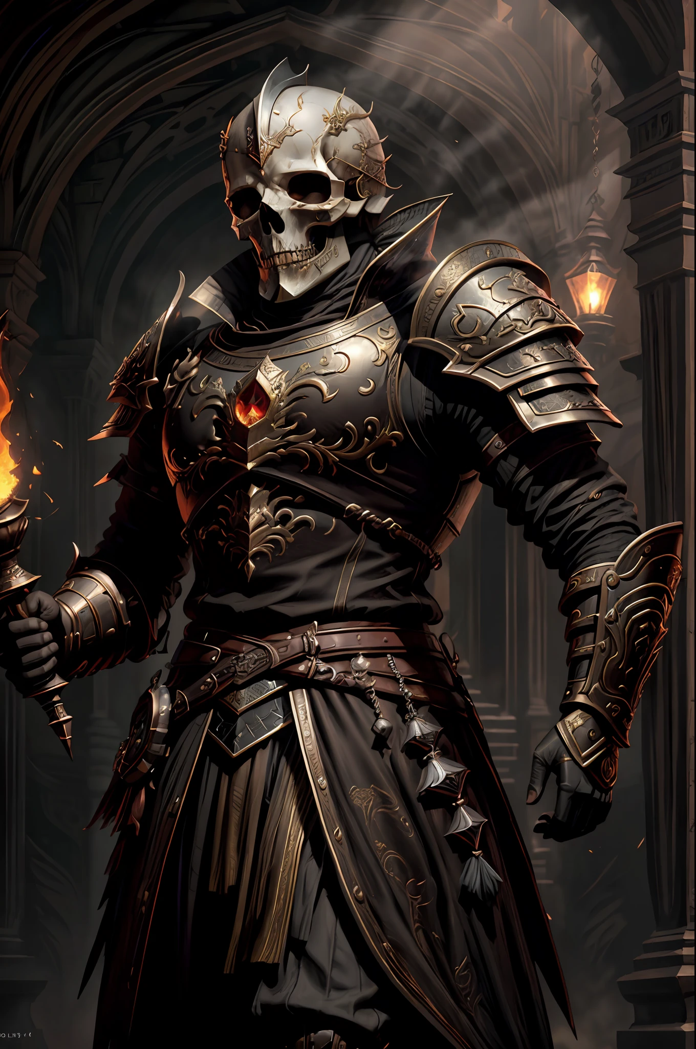 cavaleiro esqueleto, White bone skull on display, sem capacete, Ultra realista, usando armadura de placas brilhante preto andando em uma vila em chamas, He uses a sword in one hand and a shield in the other, (intrincado: 1.4) (obra-prima: 1.4) (illustration: 1.4), red studio lighting, Post-processing, 8K分辨率, fundo escuro, imponente , fotos meticulosamente compostas, impressionantes, fantasia sombria (Por Greg Rutkowski: 1.2), (por daarken: 1.5)&Quot;