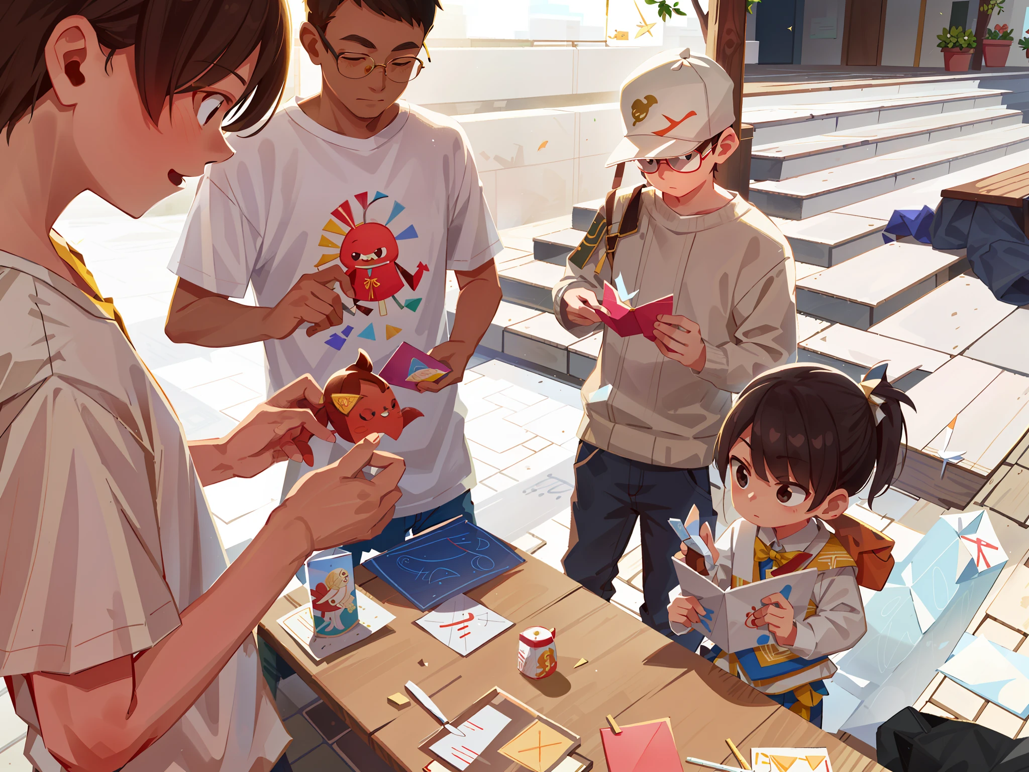 Several people stood around a table,A child cutting paper, artist unknown, cardistry, On a sunny day, outside, art project, is playing happily, origami, holding origami qilin, unknown artist, they are very serious, author:Xia Chang, Student, by Ni Yuanlu, kirigami, Paper origami
