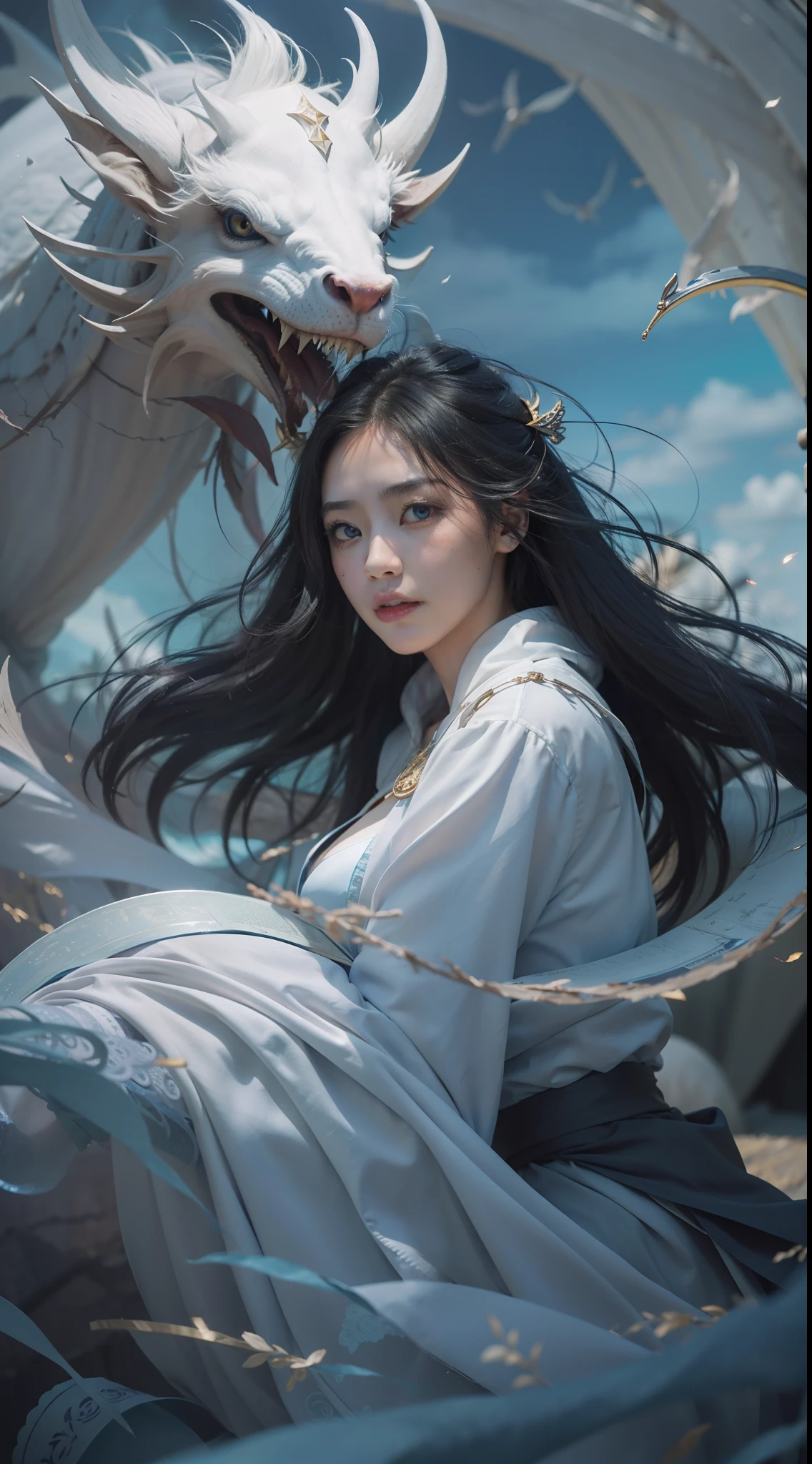 Magic Book,Blood,Night, Dark, (Fantasy),infinite,deep blue sky,The abyss of knowledge,Cowledge,((masutepiece)), (((Best Quality))),((Beautiful fine eyes)),(Eye lashes)、Very beautiful face、Beautiful girl riding a huge white dragon、(女の子1人)、Black hair、The long-haired、abyss eyes、glowy skin、oils、small tits、Perfect human body structure、Wizard robes、tattered cloth、Realistic coat、Teenchi、Super delicate CG Unity 32k wallpaper、masterpiece, ((ultra-detailliert)), ((illustratio)),colourfull,wall-paper,The energy,Unknown terror,Incomprehensible,Around the magic,Magical surroundings,magic wands,Boken,Flying pages,Know everything,Predict the future、Get to know the past、Infinite wisdom、blue flames、Warlock、magic circles、Pentagram、Spells、mantra、Singing magic