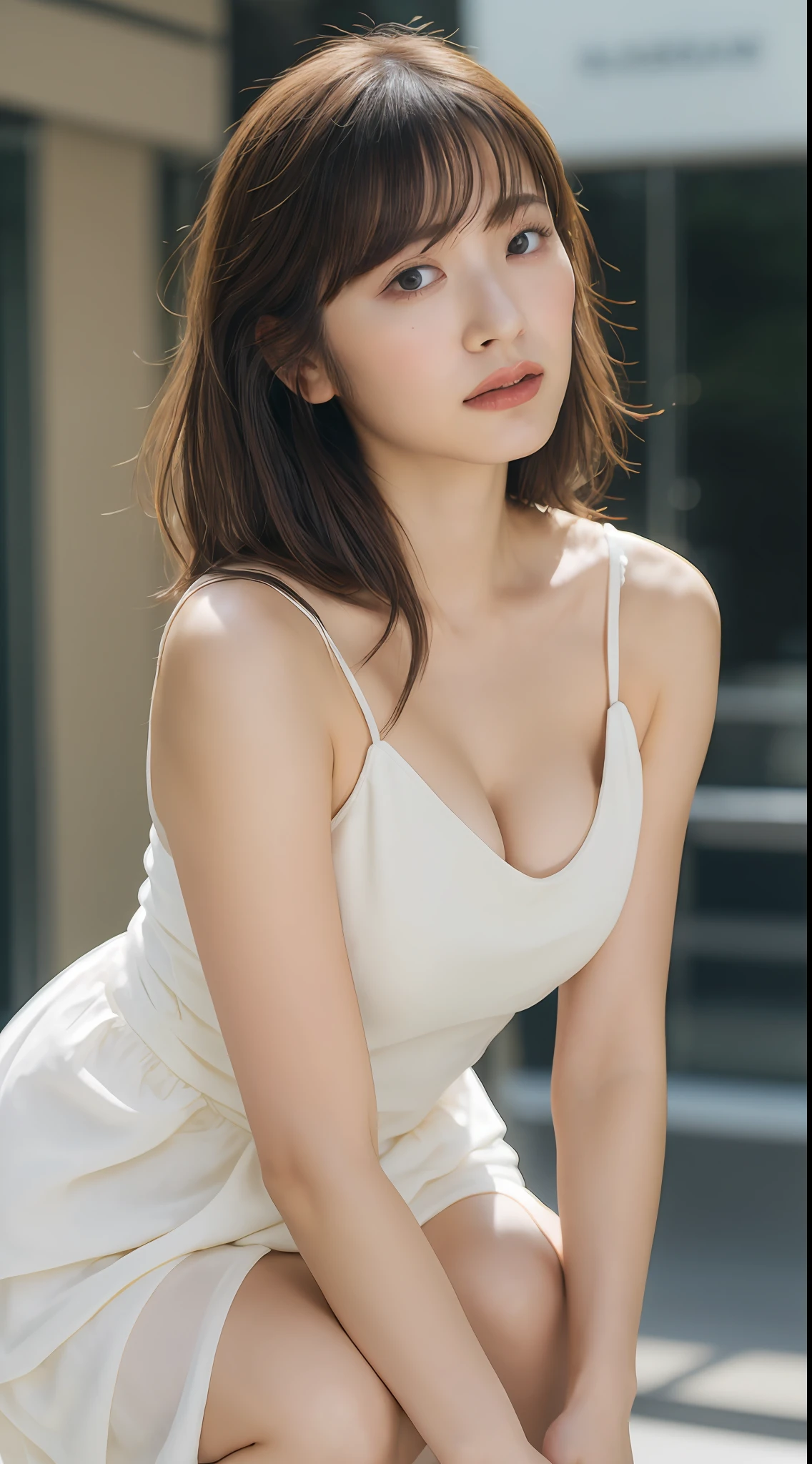 ((best quality, 8k, masterpiece: 1.3)), sharp: 1.2, perfect body beauty: 1.4, slender abs: 1.2, ((layered hairstyle, big breasts: 1.2)), (bandeau dress white: 1.1 ), city streets: 1.2, highly detailed facial and skin textures, detailed eyes, double eyelids, long brown hair, thin dress, hands behind, squatting, slightly revealing panties, revealing cleavage.