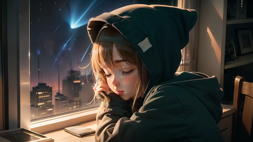 Shooting stars are flowing outside the window、Sleep while listening to the radio、wearing hoodies、wearing hoodies、Girl with a pretty face