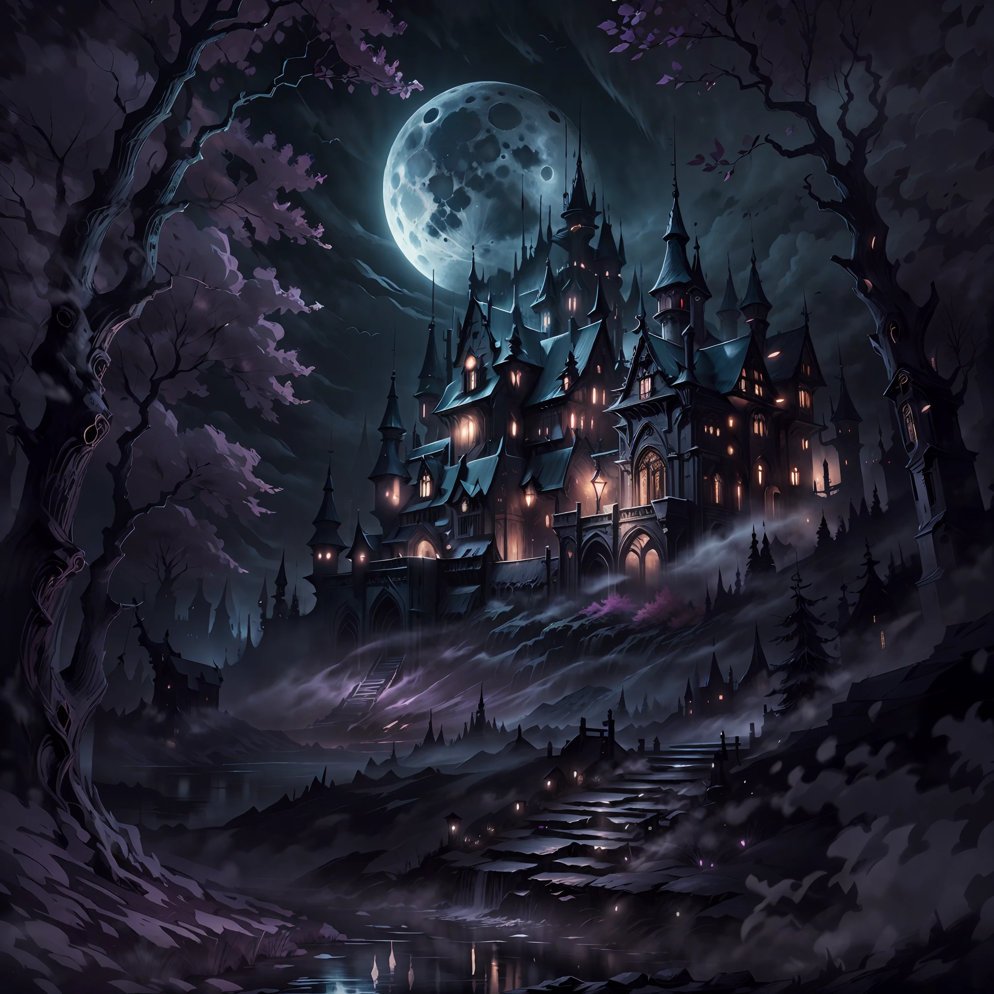 Moon, black night, shadowy old castle, dark forest in the background,HDR,UHD,8K, best quality, masterpiece, Highly detailed, ultra-fine painting