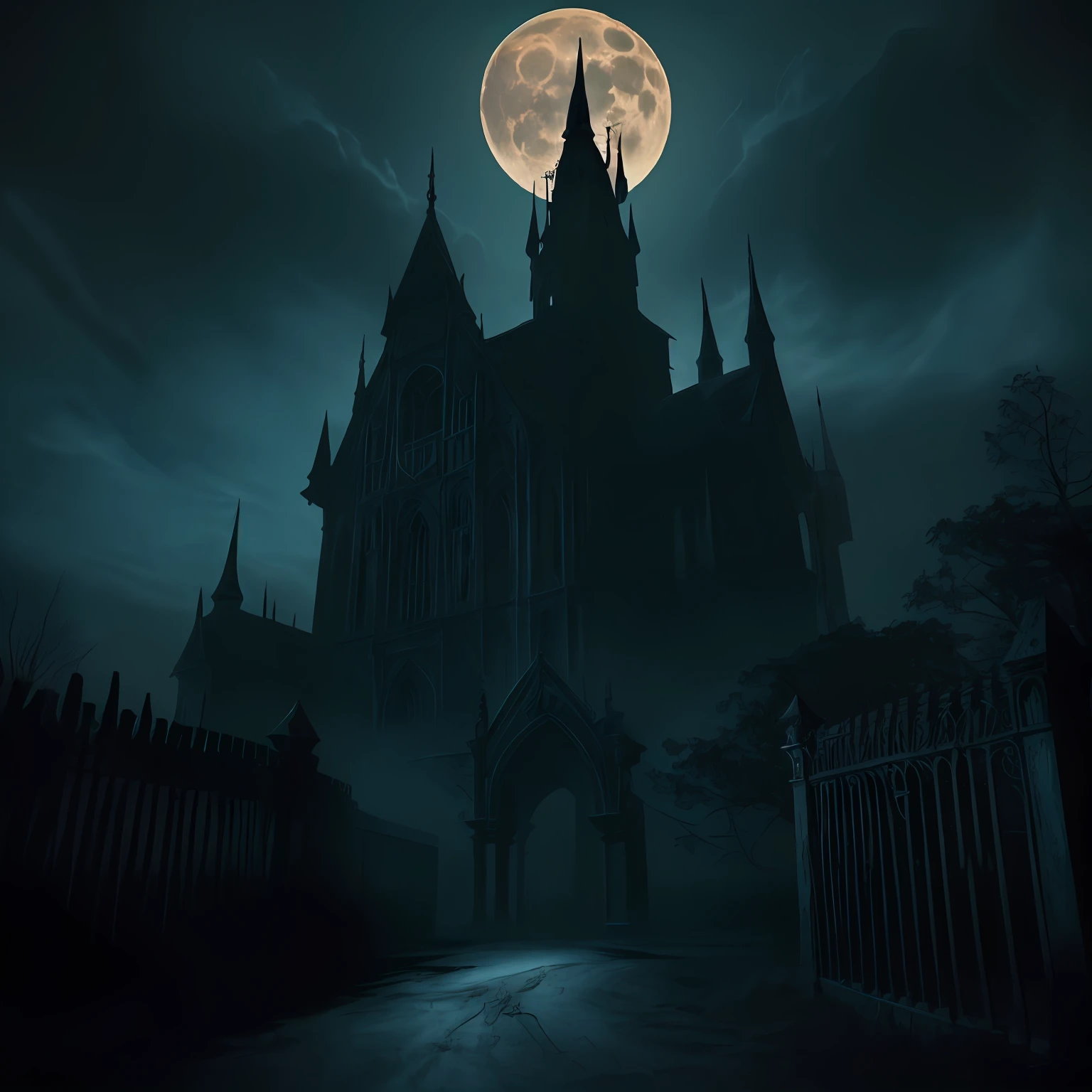 "((Dark Castle)), gothic architecture, Mysterious atmosphere, Creepy lighting, cielo iluminado por la luna, estructura imponente, Very high needles, Grim figures, Ethereal presence, historia antigua, secretos escondidos dentro de las paredes"