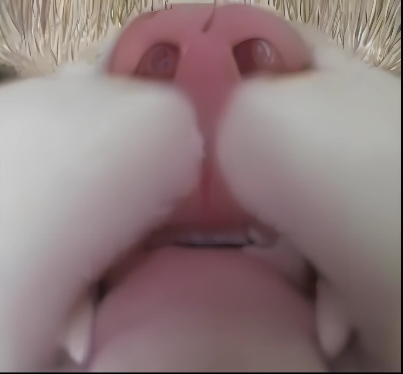 Alafi with pink nose and white paws and white nose, closeup cleavage. Mouth open, lick out, The neck is enlarged from the lips downwards, Licking tongue, medium close up shot, The mouth is a little open, Mouth slightly open, Extreme close-up - shoot upwards, extremely close shot, really close - up shot, Front close-up, mid closeup