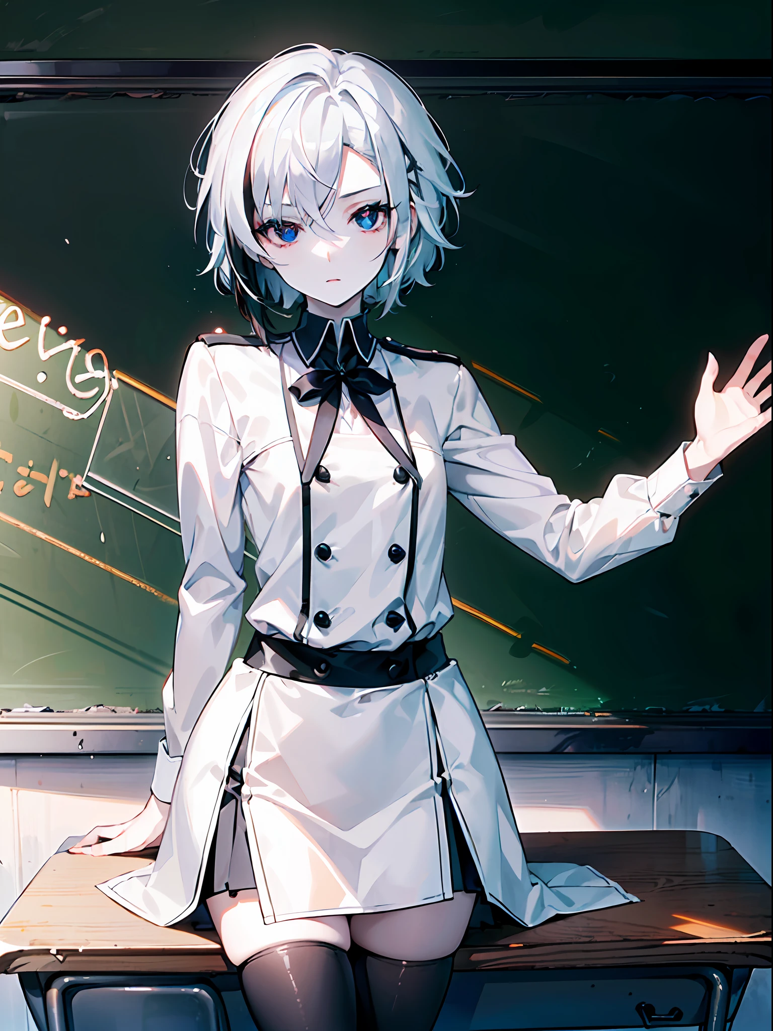 ((female)), (solo:1.2), ((masterpiece)), ((pale skin)), ((detailed eyes)), (bokeh effect), (dynamic angle), dynamic pose, white hair, black hair, gradient hair, short hair, interior, (x-shaped pupils), (teacher(, (classroom), in front of the blackboard