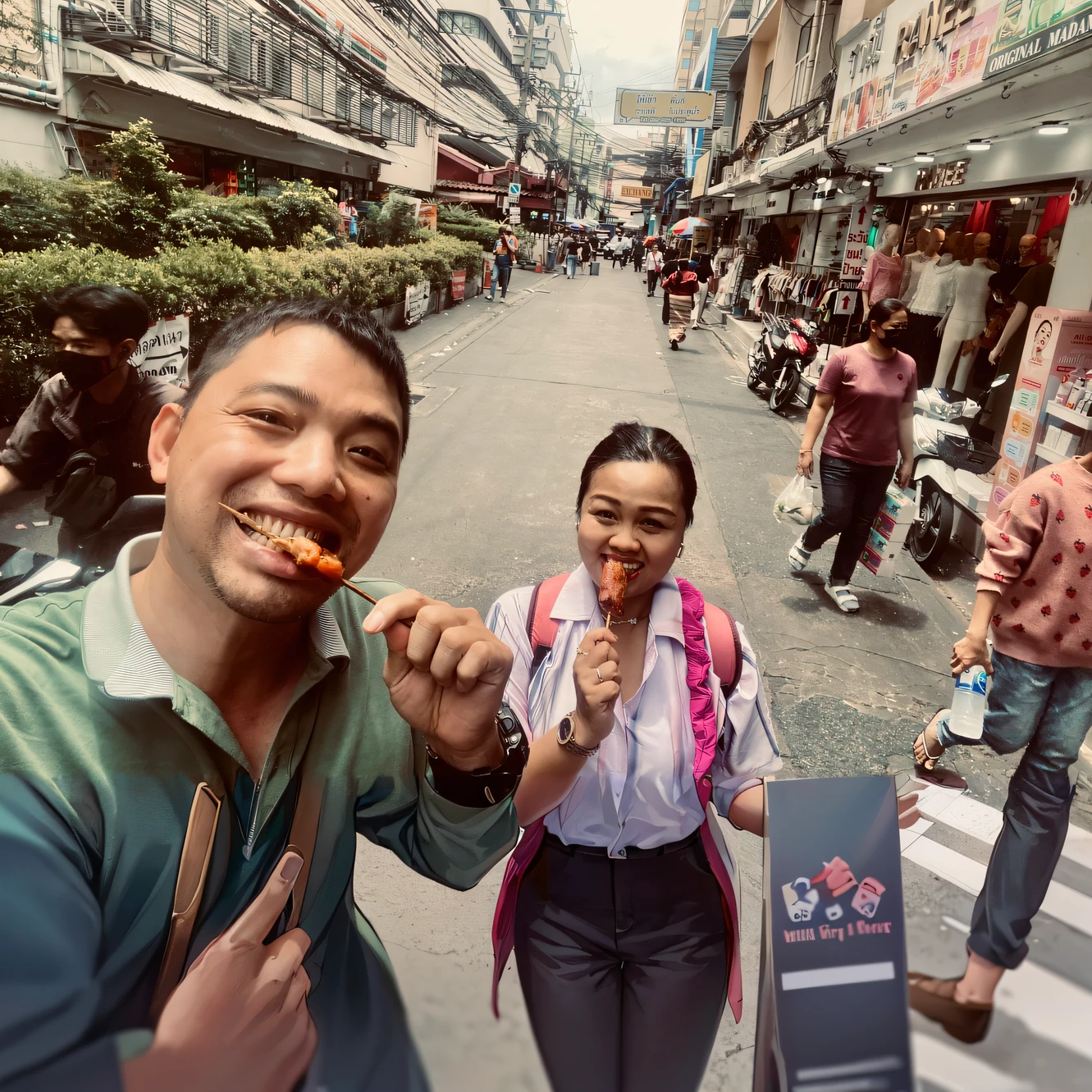 there are two people eating food on a street corner, with street food stalls, 🤬 🤮 💕 🎀, like jiufen, captured on iphone, street pic, in the middle of the city, wandering in the city, in city street, wet market street, ruan jia and brom, in hong kong, in front of ramen shop, having a snack