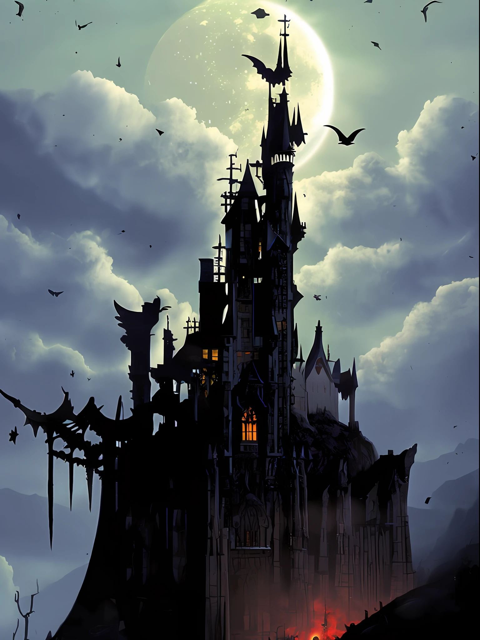 best qualtiy，tmasterpiece:1.2，ultra - detailed，Dark style，Gothic castle on the mountain，Vampire Castle，The overall style of the building is tall and thin，Expressing mystery with exquisite architectural skills、A strong emotion of the sublime，themoon，Blood Moon，dark stormy clouds，the night，Dark style，Crows hovering in the sky