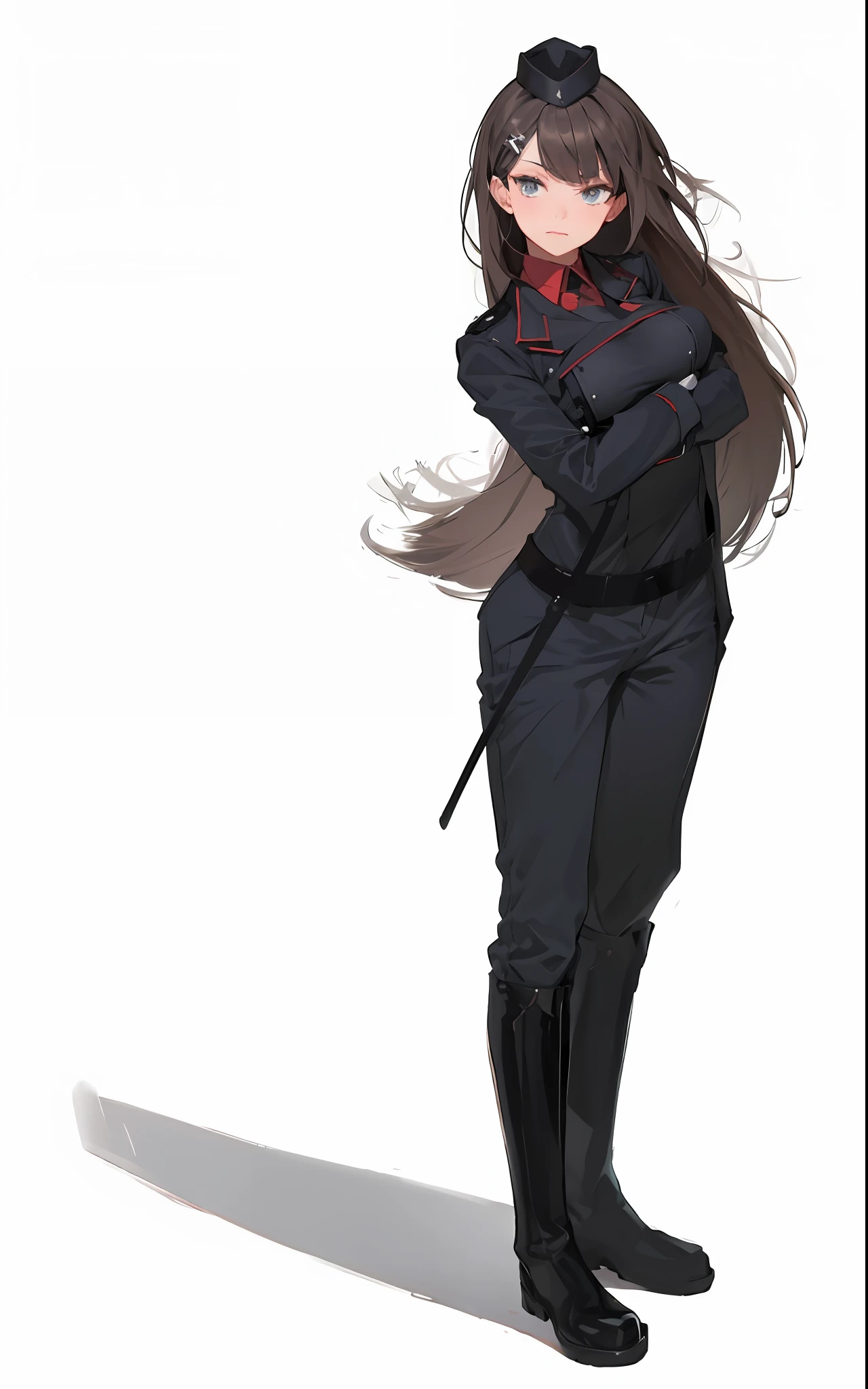 Adult, female, standing, black boots, uniform, confident, (smug:0.75), (smirk:0.7), gloves,belt, dominatrix, riding crop, military hat, grey pants, hair clip