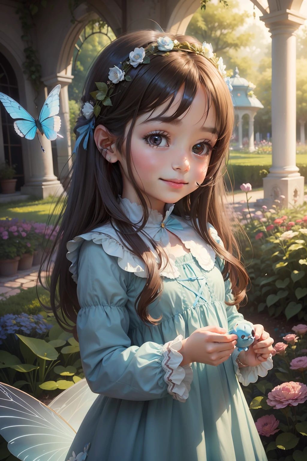 Four year old girl, Long straight dark hair, big brown eyes, pretty and delicate, Smiling with a little blue bird.
She's dressed like a fairy. In a magical garden, soft light and soft colors. perfect hands, digital art, AI ART.