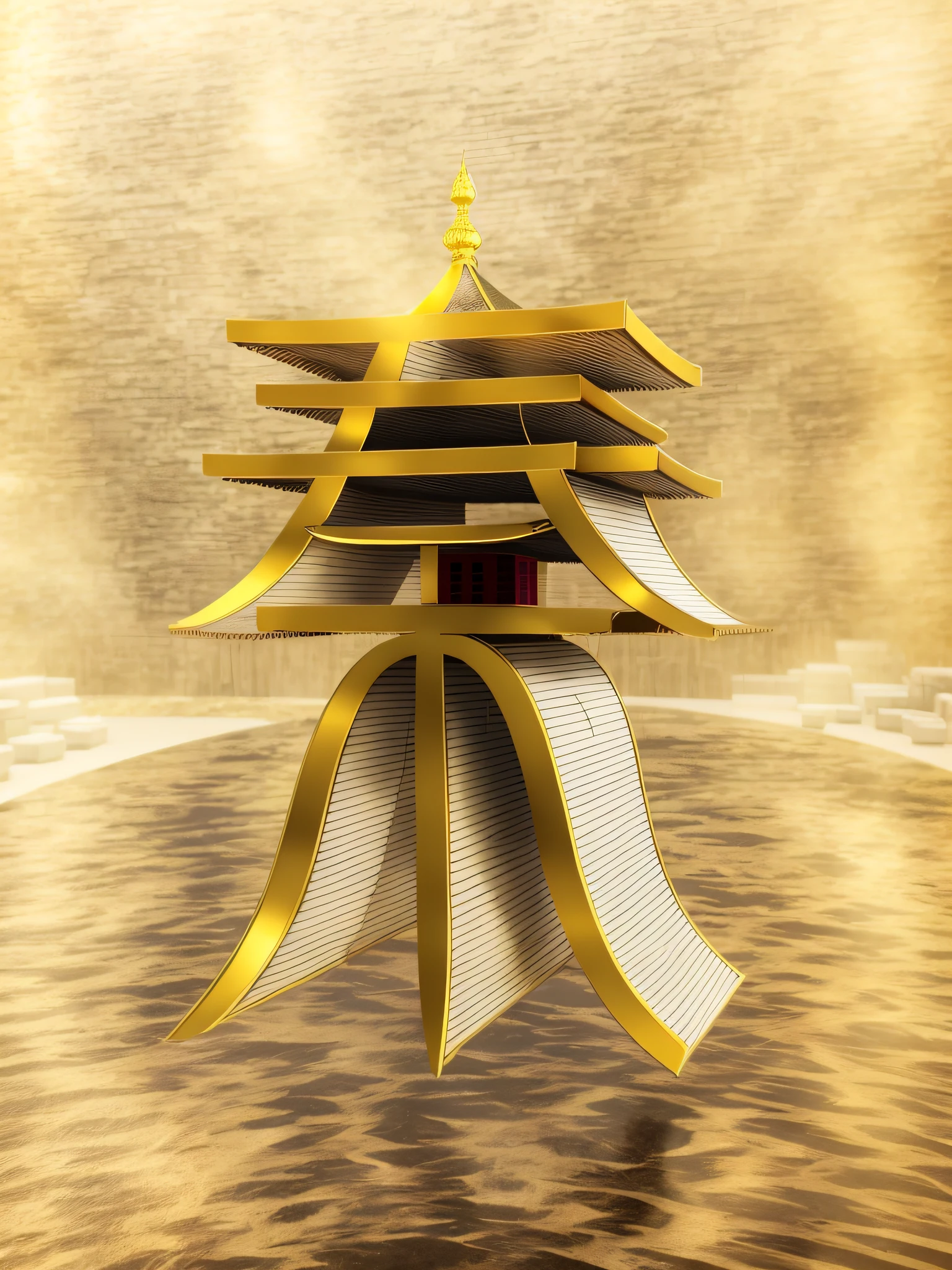 There is a stack of books,There is a gold ribbon on it, golden chinese text, depicted as a 3 d render, rendered in cinema 4 d, Rendered in Cinema4D, 3D model of a Japanese mascot, inspired by Ma Shi, inspired by Kanō Mitsunobu, digital painting of a pagoda, pop japonisme 3 d ultra detailed
