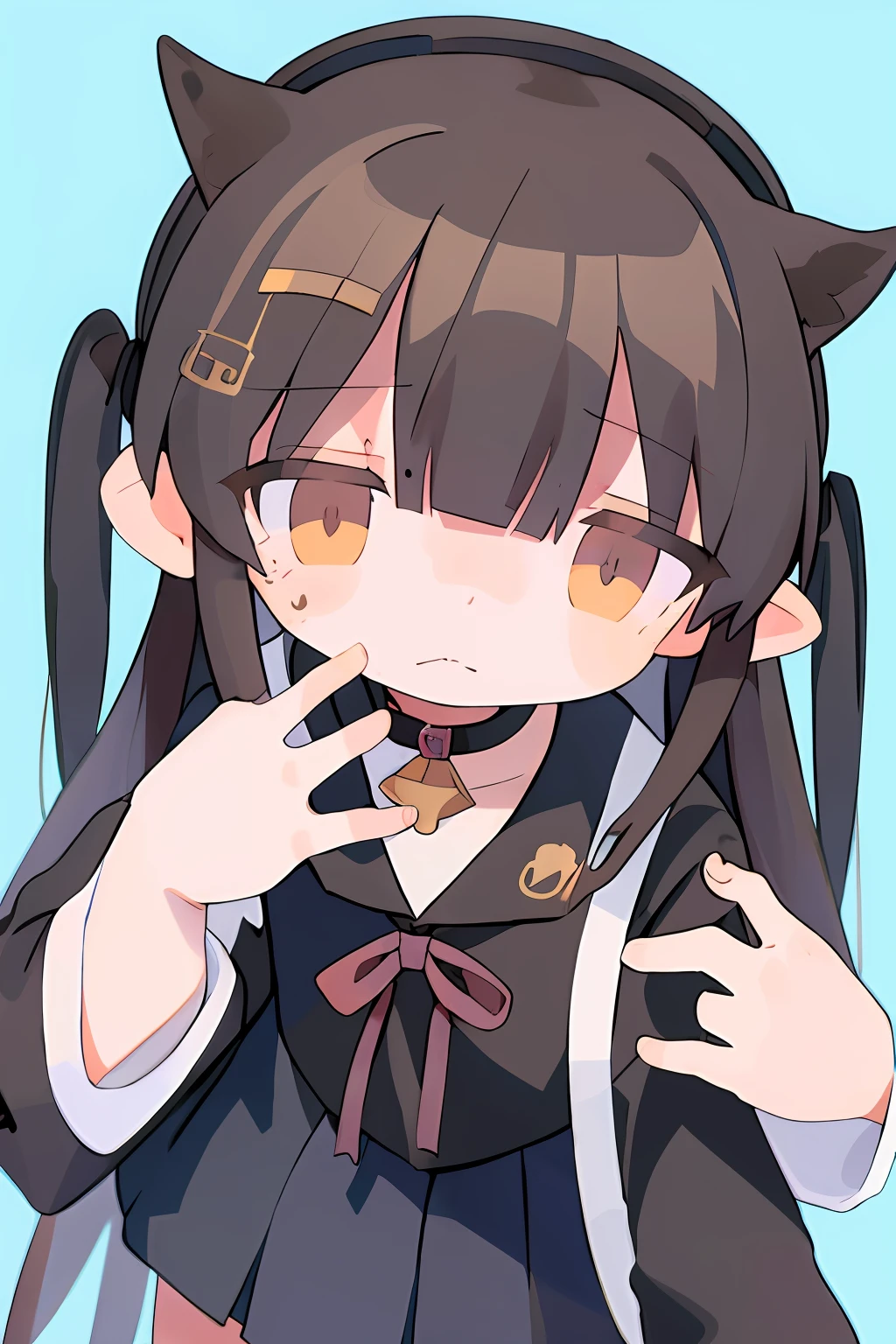 With long hair in black sailor suit with two girls with sad expressions on their faces、One of them has gray hair.、The other has brown hair。