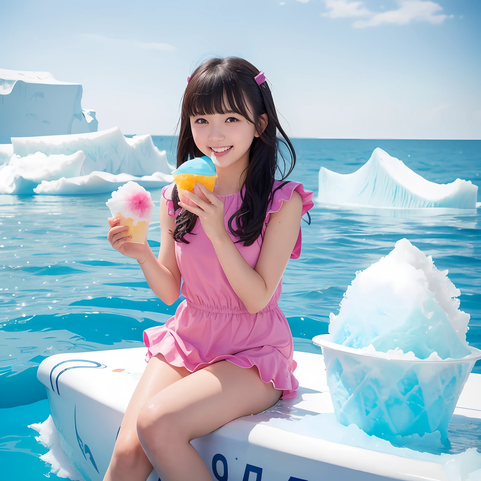 slimming woman pink cute ruffled swimsuit (wet wear:1.0) Bangs Junior High School Student Short Bob Du Smile 1 (((Eating shaved ice on an iceberg))) Fan Windblown hair Ear fan