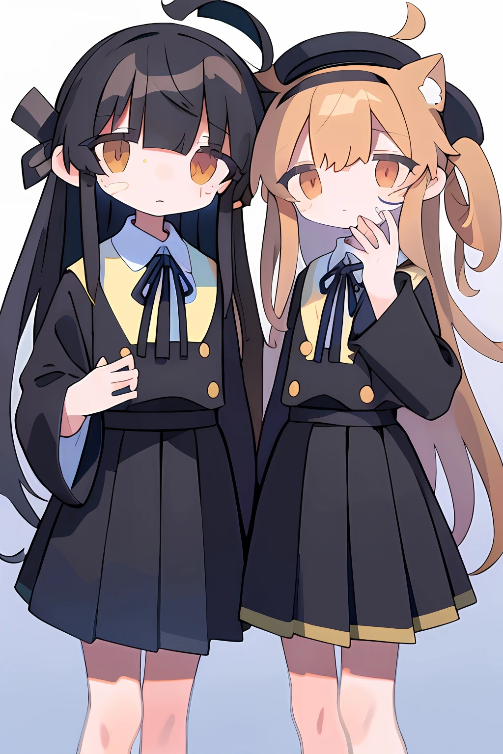 With long hair in black sailor suit with two girls with sad expressions on their faces、One of them has gray hair.、The other has brown hair。