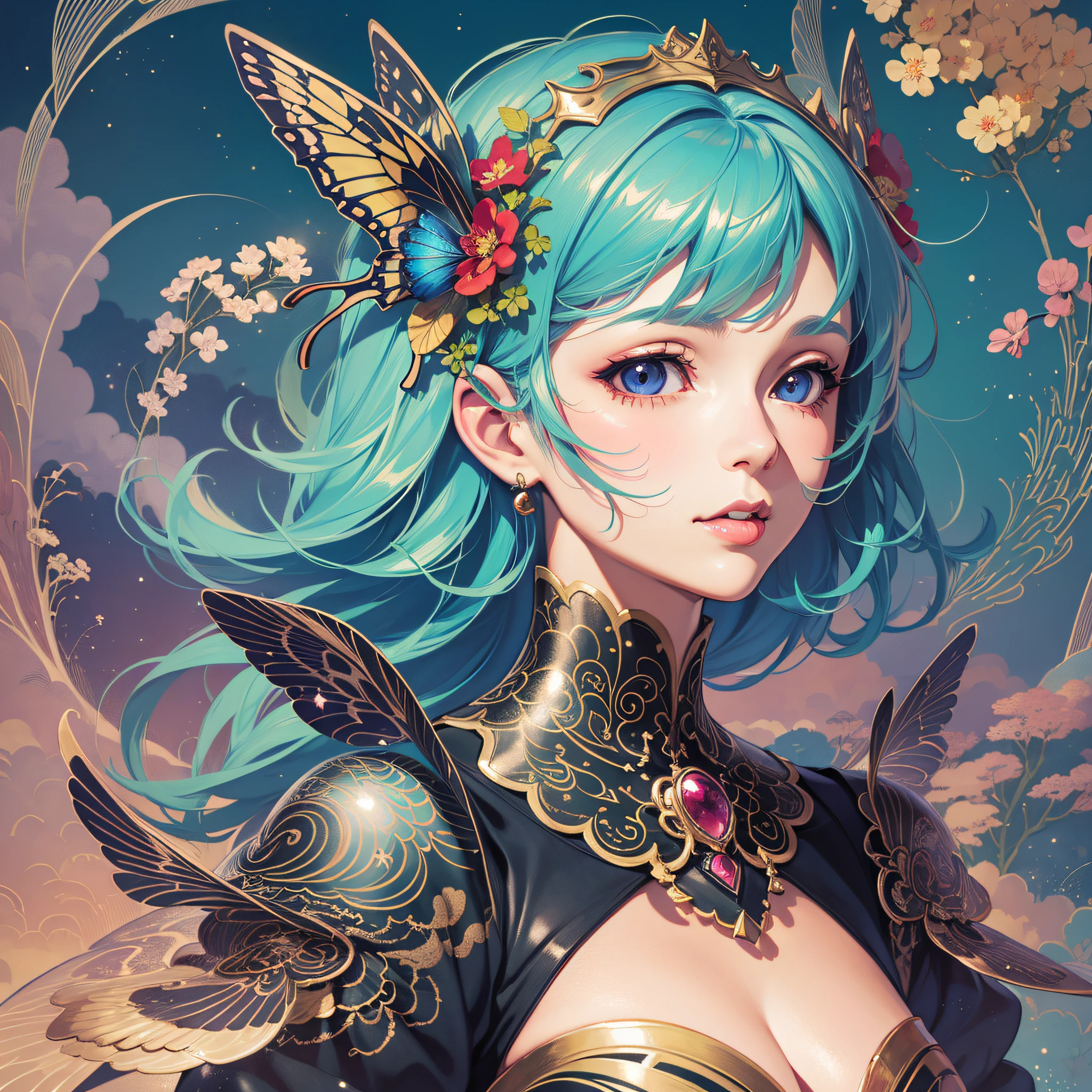Close up of a woman with green hair and butterfly, Portrait Chevaliers du Zodiaque Fille, Extremely detailed Artgerm, Detailed digital anime art, knights of zodiac girl, 8K high quality detailed art, Anime fantasy illustration, rossdraws cartoon vibrant, wlop rossdraws, IG model | Art germ, Fanart Meilleure ArtStation, :: rossdraws