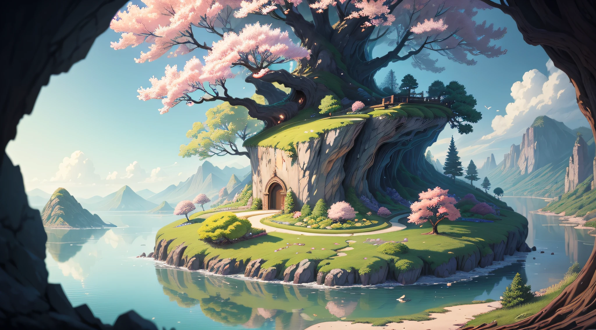 (Best quality),(masterpiece),(ultra detailed),(high detailed),(extremely detailed),Subject: Anime Background Illustration Medium: RAW photography. Resolution: 4000x3000 pixels. Color Palette: Soft and pastel colors with a hint of vibrancy. Mood: Serene, whimsical, and inviting. Composition: Balanced composition with a focal point that complements the foreground elements. Lighting: Gentle, diffused lighting with subtle variations in brightness. Style: Anime-inspired with a touch of fantasy and charm. Details: Include elements such as blooming cherry blossom trees, lush greenery, cozy buildings, and winding paths. Inspiration: Anime scenery, Studio Ghibli films, fantasy worlds, and tranquil natural settings. Camera Setup: None (since it's a digital illustration). Additional Notes: Pay attention to atmospheric perspective, with distant objects appearing lighter and less detailed. Incorporate depth by adding layers of foreground, middle ground, and background elements. Use soft brush strokes and blending techniques to create a dreamy and ethereal atmosphere. Consider adding elements of magic or fantasy, such as floating islands, whimsical creatures, or glowing orbs. Include small details like birds, butterflies, or falling leaves to enhance the sense of movement and life. Experiment with different textures, such as the rough bark of trees or the smooth surface of water. Incorporate elements of nature to evoke a sense of tranquility and harmony.