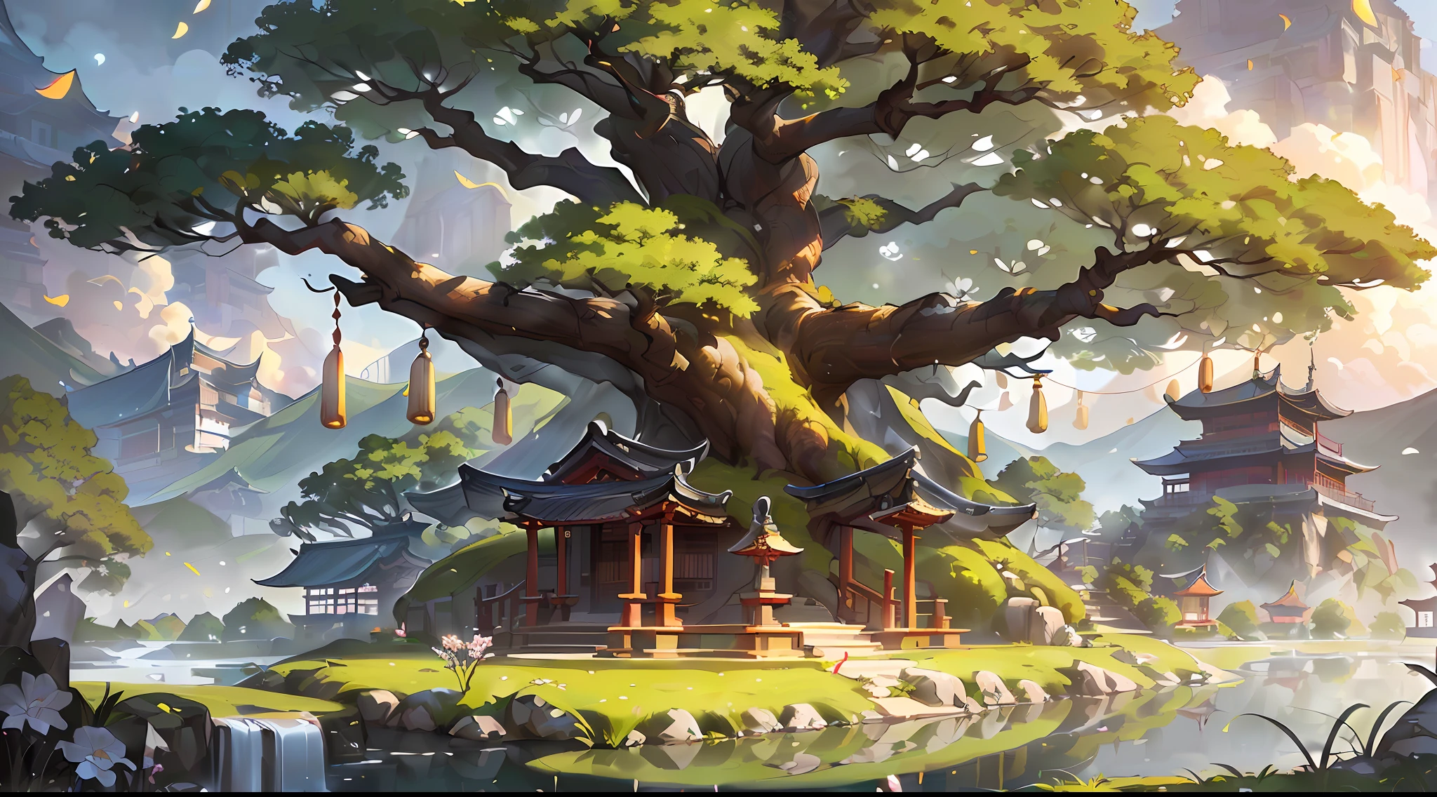 There is a huge ancient tree in the middle of the picture、The body of the tree emits golden light（Golden light），thatched hut、springtime、jungles、lakes、waterfallr、grassy fields、Rochas、hot onsen、hydrosphere、surrounded by cloud，（illustratio：1.0）、Epic composition、Realistic lighting、high definition detail、tmasterpiece、Best quality，（非常详细的 CG 统一 8k 壁纸），Reflectors，Gradient，Covered with，Grand，glittery，Beautiful lighting，Photorealistic, Realistic shadows, Realistic lighting, Beautiful lighting, Ray traching, Intricate details, Masterpiece, Bokeh, Extremely detailed,