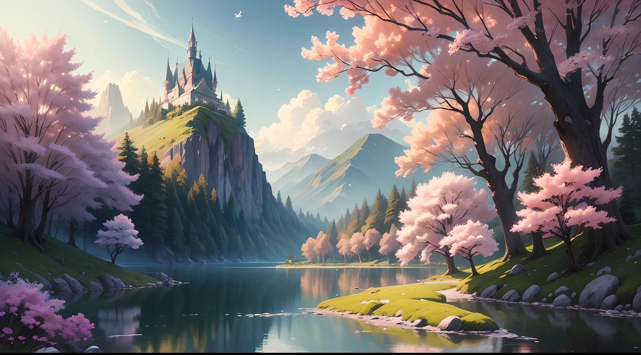 (Best quality),(masterpiece),(ultra detailed),(high detailed),(extremely detailed),Subject: Anime Background Illustration Medium: RAW photography. Resolution: 4000x3000 pixels. Color Palette: Soft and pastel colors with a hint of vibrancy. Mood: Serene, whimsical, and inviting. Composition: Balanced composition with a focal point that complements the foreground elements. Lighting: Gentle, diffused lighting with subtle variations in brightness. Style: Anime-inspired with a touch of fantasy and charm. Details: Include elements such as blooming cherry blossom trees, lush greenery, cozy buildings, and winding paths. Inspiration: Anime scenery, Studio Ghibli films, fantasy worlds, and tranquil natural settings. Camera Setup: None (since it's a digital illustration). Additional Notes: Pay attention to atmospheric perspective, with distant objects appearing lighter and less detailed. Incorporate depth by adding layers of foreground, middle ground, and background elements. Use soft brush strokes and blending techniques to create a dreamy and ethereal atmosphere. Consider adding elements of magic or fantasy, such as floating islands, whimsical creatures, or glowing orbs. Include small details like birds, butterflies, or falling leaves to enhance the sense of movement and life. Experiment with different textures, such as the rough bark of trees or the smooth surface of water. Incorporate elements of nature to evoke a sense of tranquility and harmony.