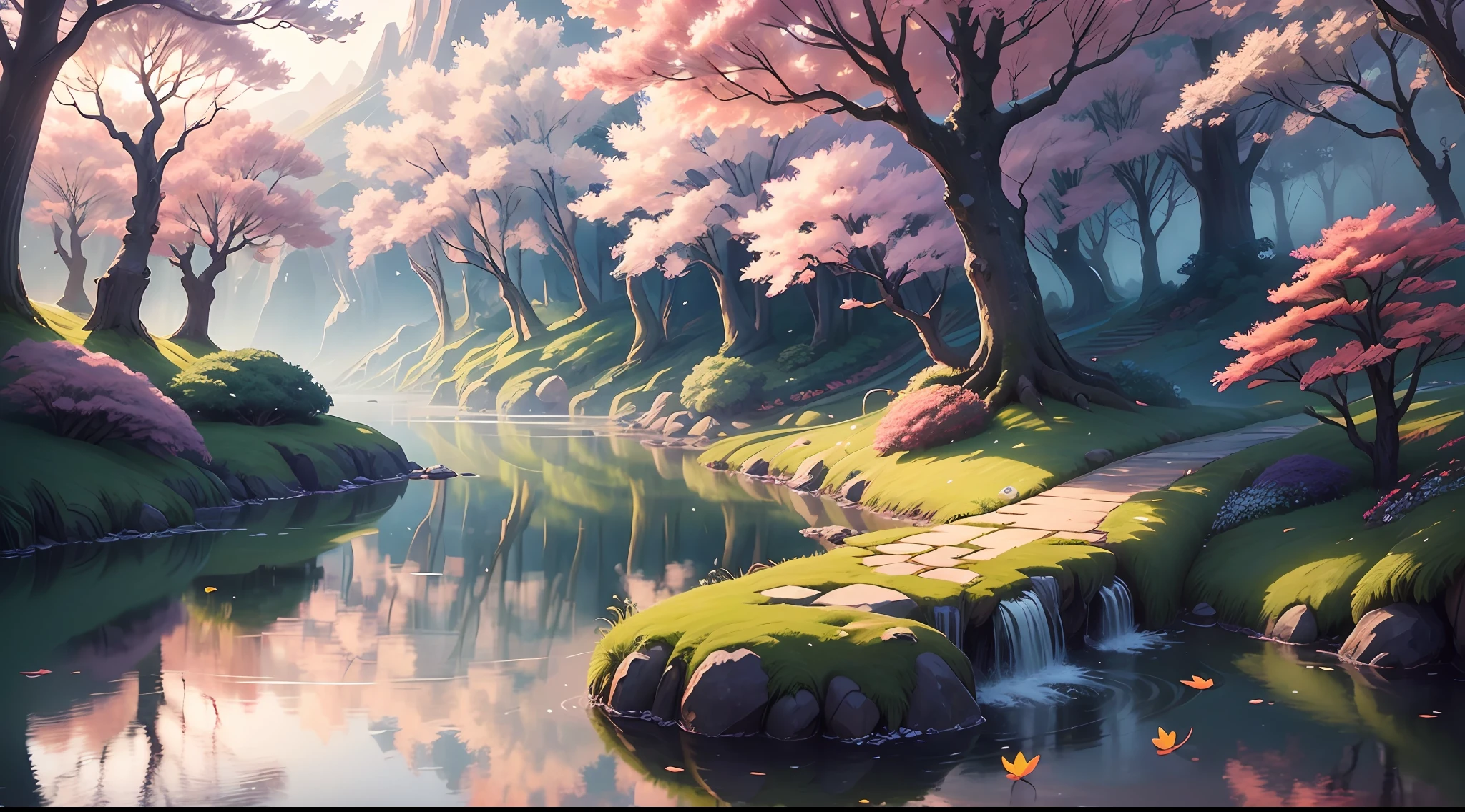 (Best quality),(masterpiece),(ultra detailed),(high detailed),(extremely detailed),Subject: Anime Background Illustration Medium: RAW photography. Resolution: 4000x3000 pixels. Color Palette: Soft and pastel colors with a hint of vibrancy. Mood: Serene, whimsical, and inviting. Composition: Balanced composition with a focal point that complements the foreground elements. Lighting: Gentle, diffused lighting with subtle variations in brightness. Style: Anime-inspired with a touch of fantasy and charm. Details: Include elements such as blooming cherry blossom trees, lush greenery, cozy buildings, and winding paths. Inspiration: Anime scenery, Studio Ghibli films, fantasy worlds, and tranquil natural settings. Camera Setup: None (since it's a digital illustration). Additional Notes: Pay attention to atmospheric perspective, with distant objects appearing lighter and less detailed. Incorporate depth by adding layers of foreground, middle ground, and background elements. Use soft brush strokes and blending techniques to create a dreamy and ethereal atmosphere. Consider adding elements of magic or fantasy, such as floating islands, whimsical creatures, or glowing orbs. Include small details like birds, butterflies, or falling leaves to enhance the sense of movement and life. Experiment with different textures, such as the rough bark of trees or the smooth surface of water. Incorporate elements of nature to evoke a sense of tranquility and harmony.