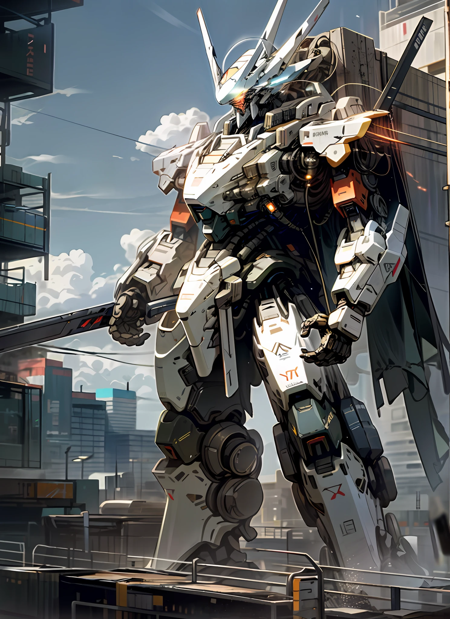 sky, cloud, holding_weapon, no_humans, glowing, , robot, building, glowing_eyes, mecha, science_fiction, city, realistic,mecha