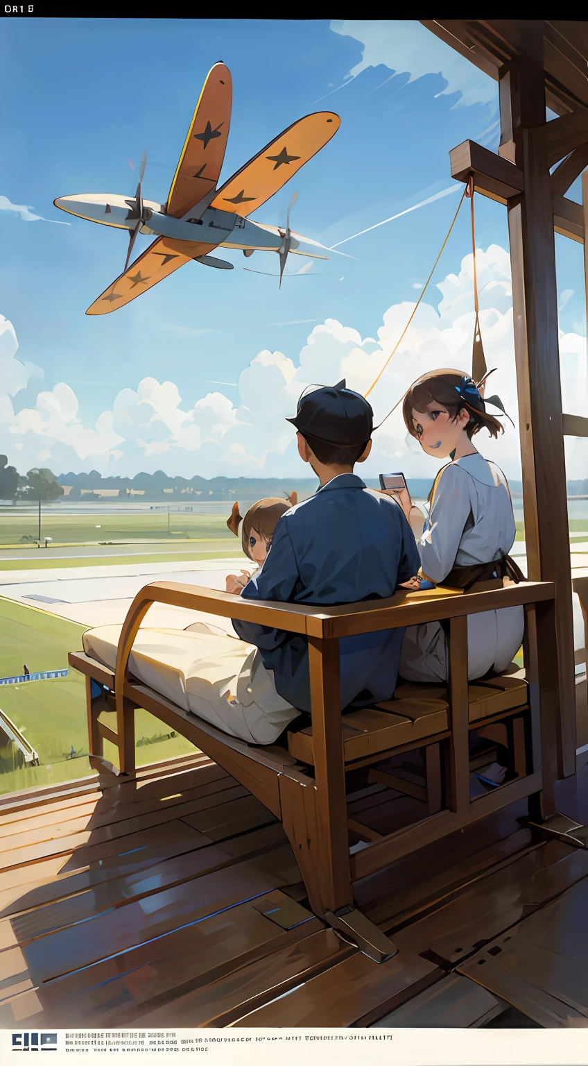 The Wright brothers are building airplanes、Families watching it、kawaii